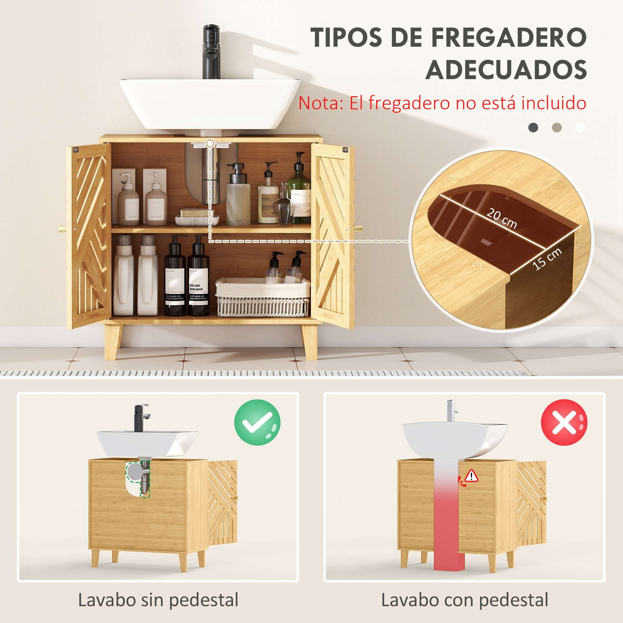 Armario de baño con lavabo, dos representaciones: izquierda correcta, derecha con pedestal.