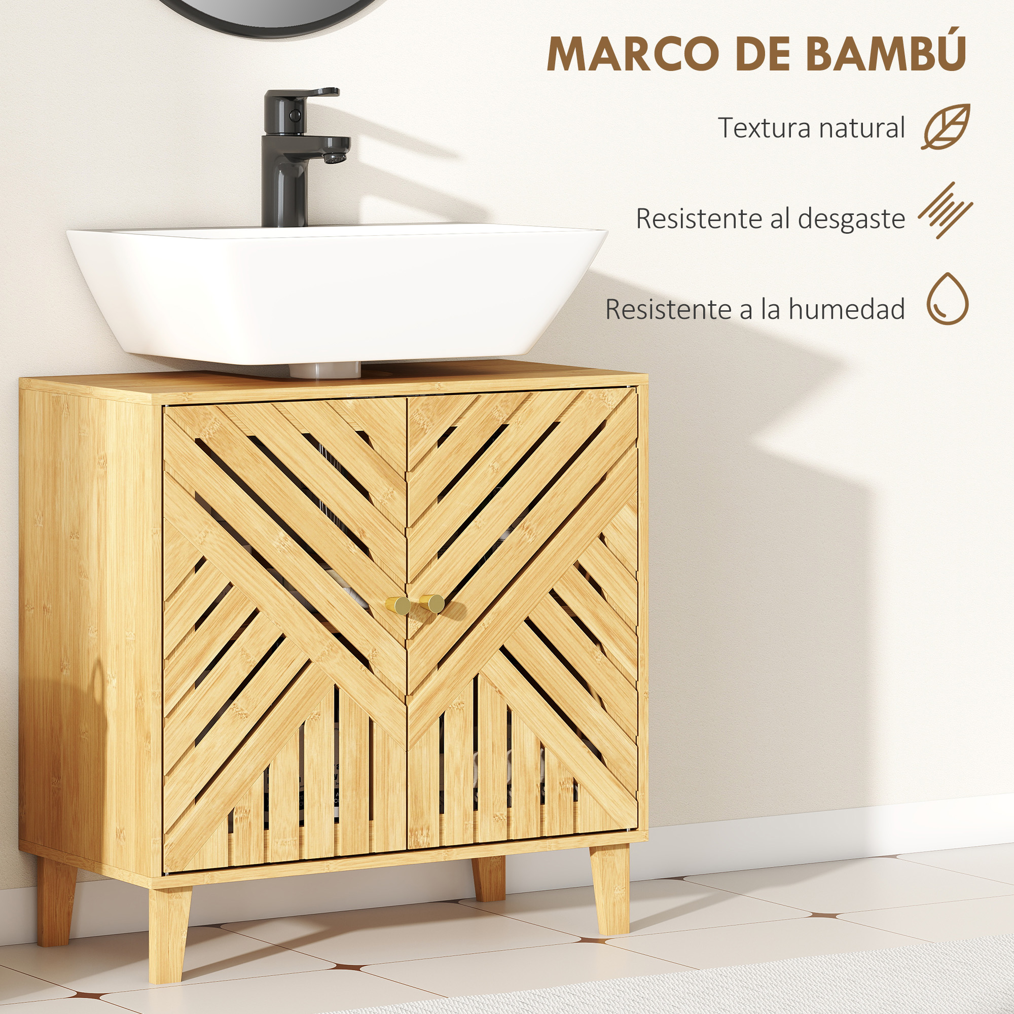 Mueble de baño de bambú con lavabo blanco y grifo negro. Textura natural.