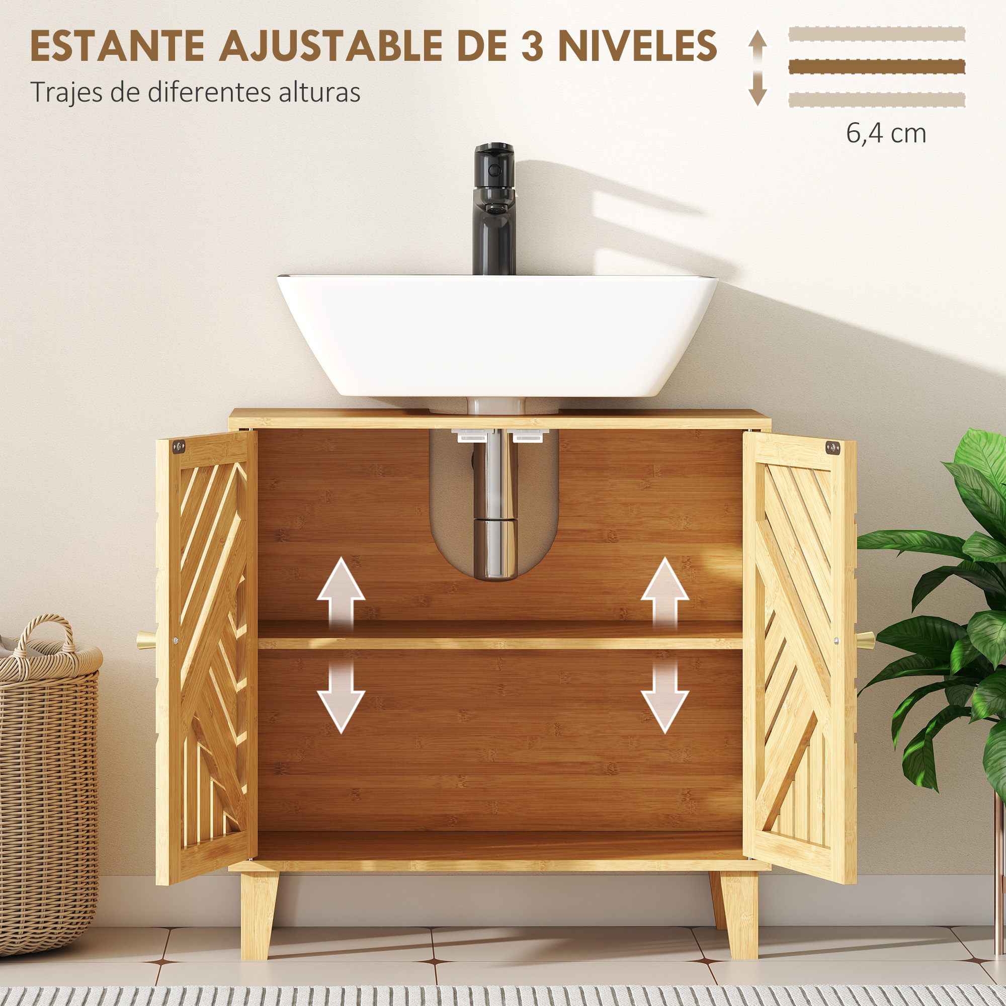 Mueble de baño de bambú con tres estantes ajustables, lavabo y grifo.
