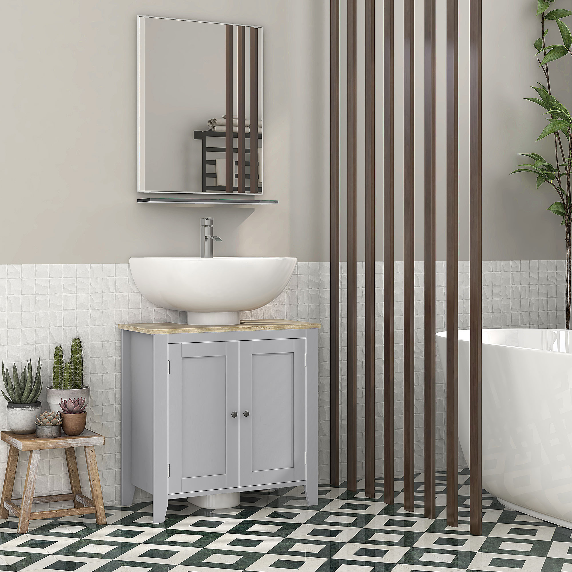 Baño moderno con lavabo, espejo, bañera y plantas.