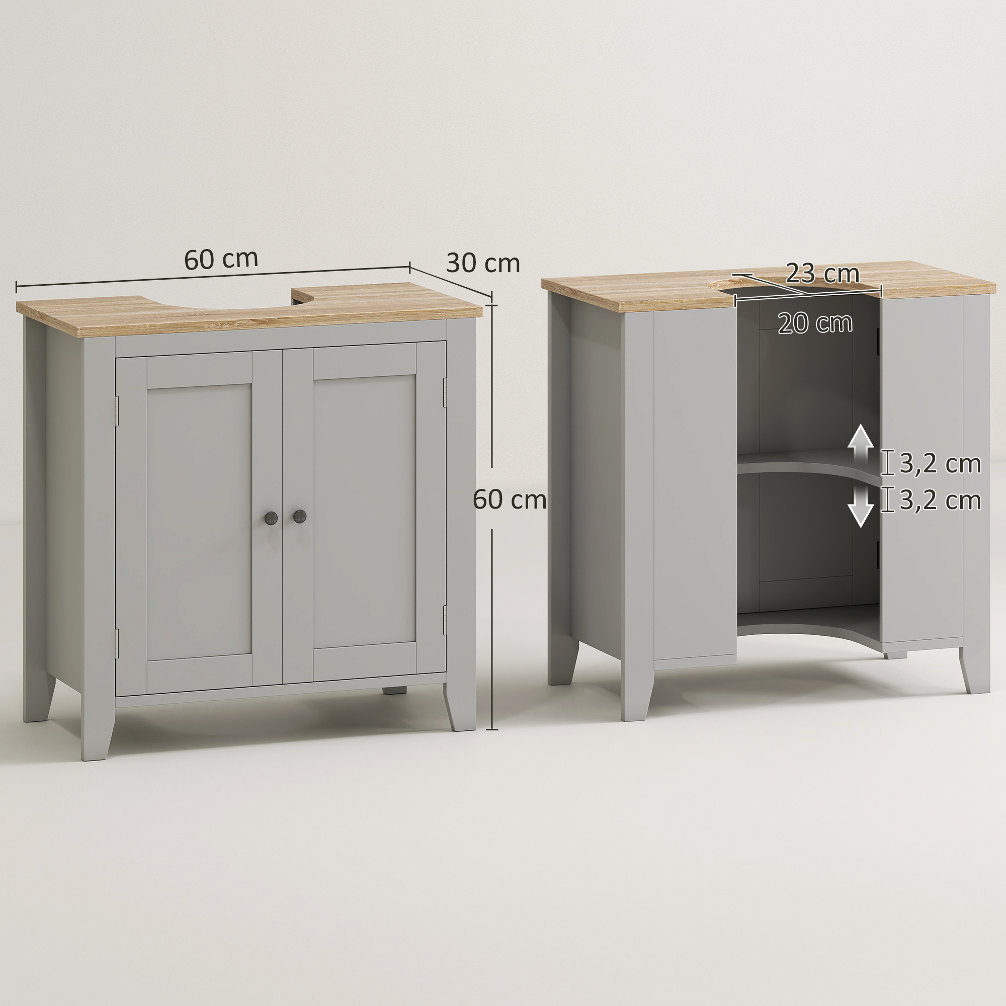 Gabinete gris con tapa de madera, dimensiones 60x30x60cm. Sección abierta.