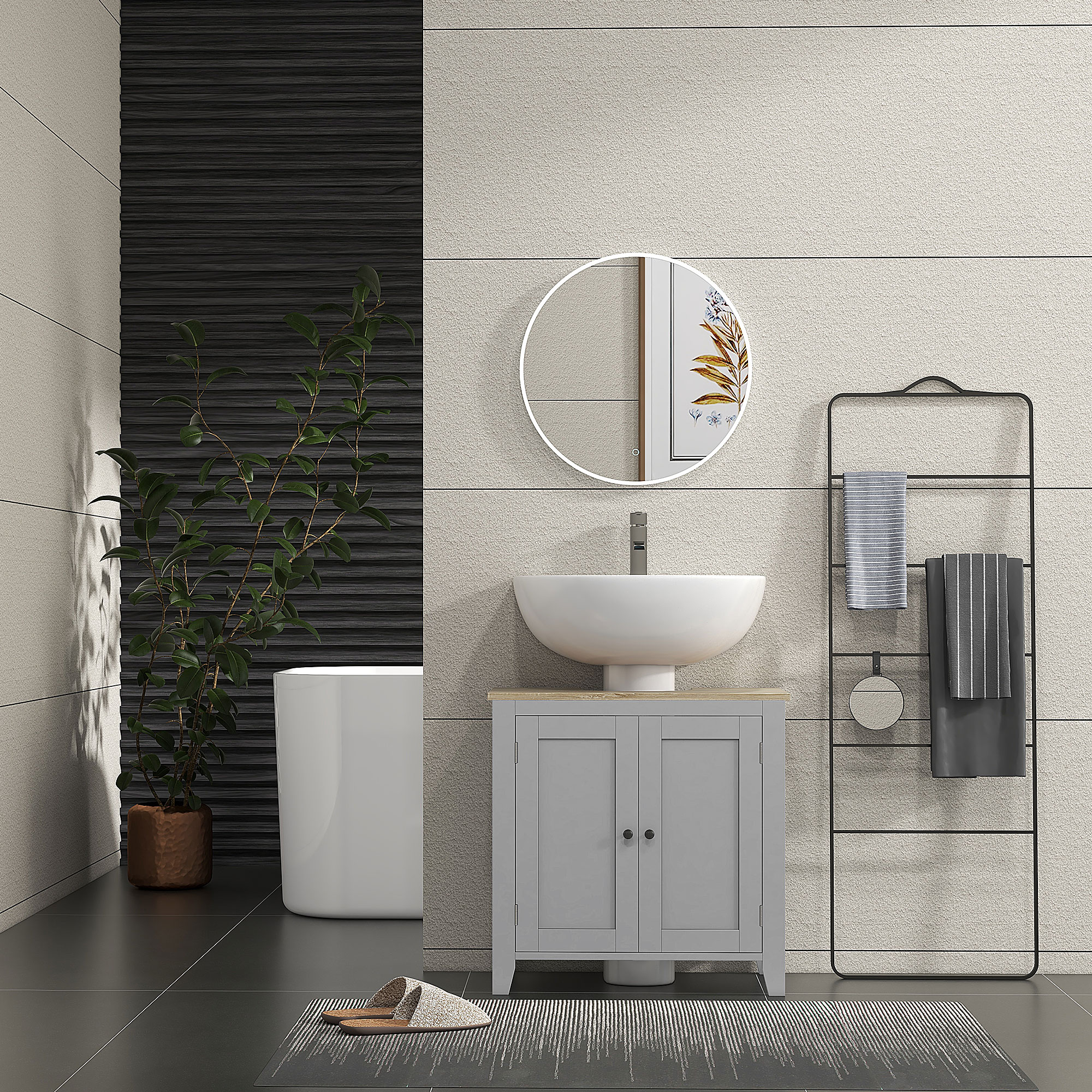 Baño moderno con bañera, lavabo, mueble gris y toallero.