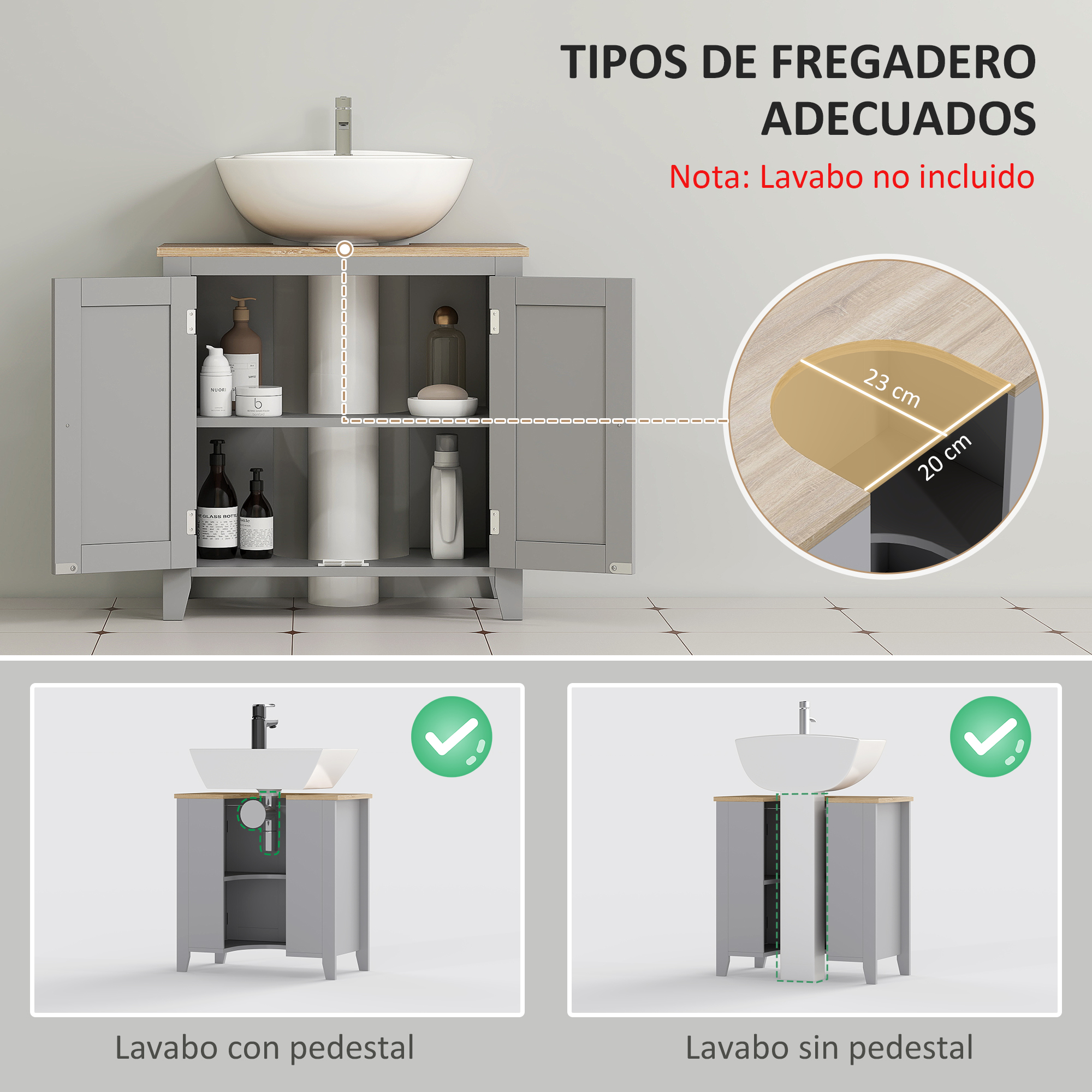 Mueble de baño gris con puertas abiertas, lavabo encima, medidas y dos ejemplos.
