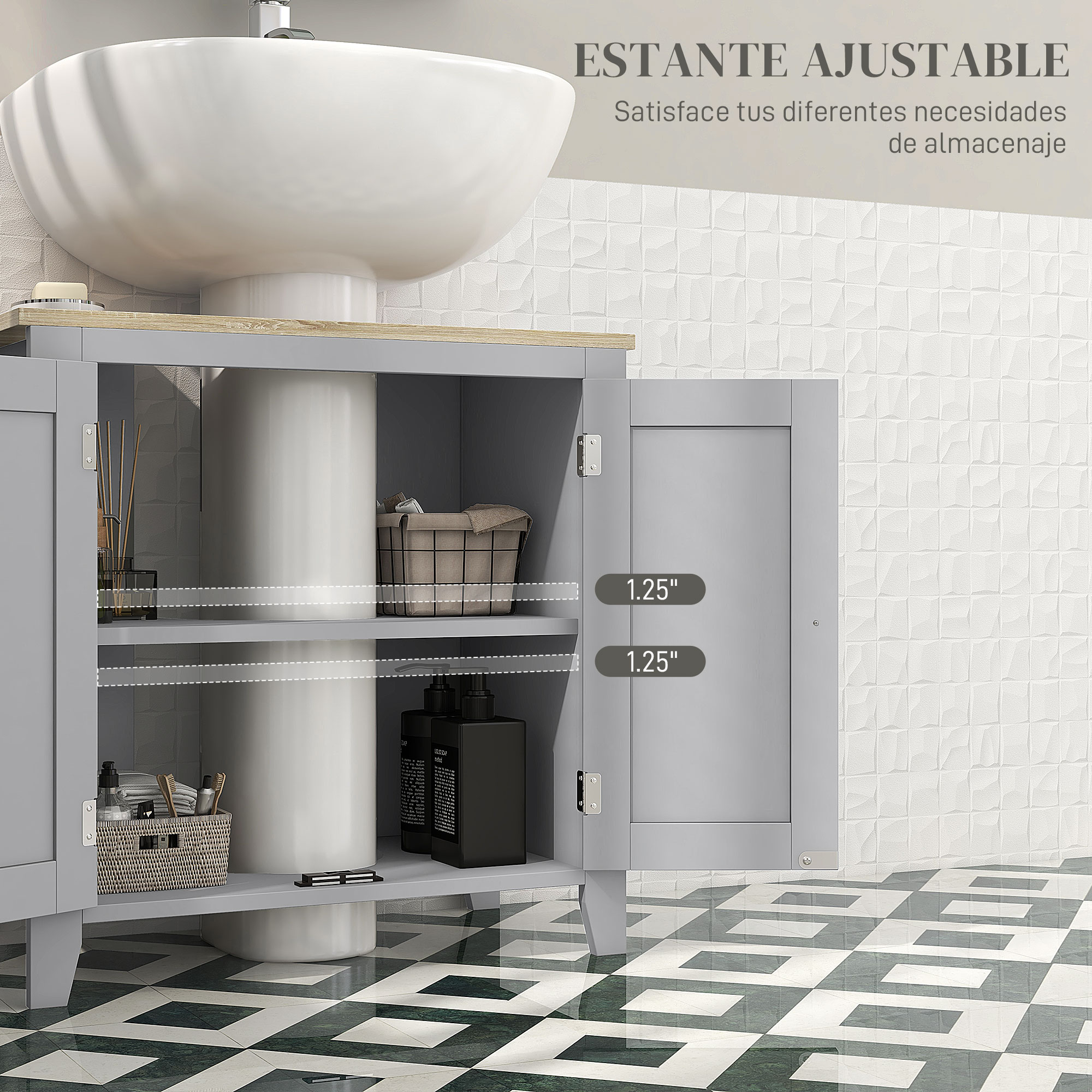 Gris mueble de tocador bajo un lavabo blanco con puertas abiertas.