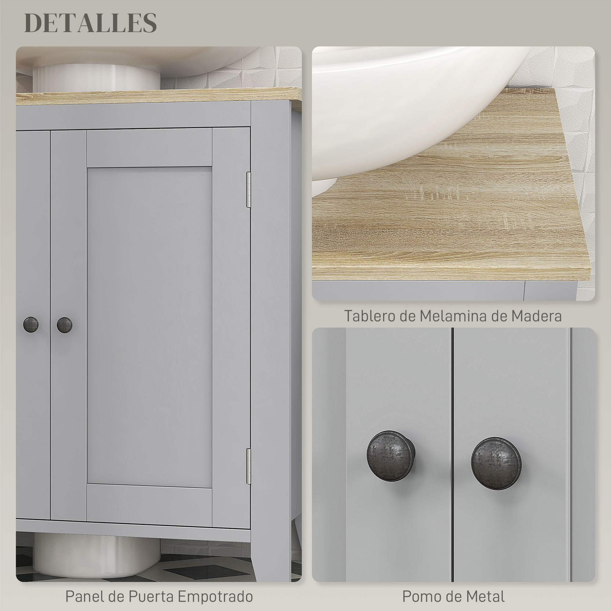 Gabinete de baño gris con detalles de madera y perillas.
