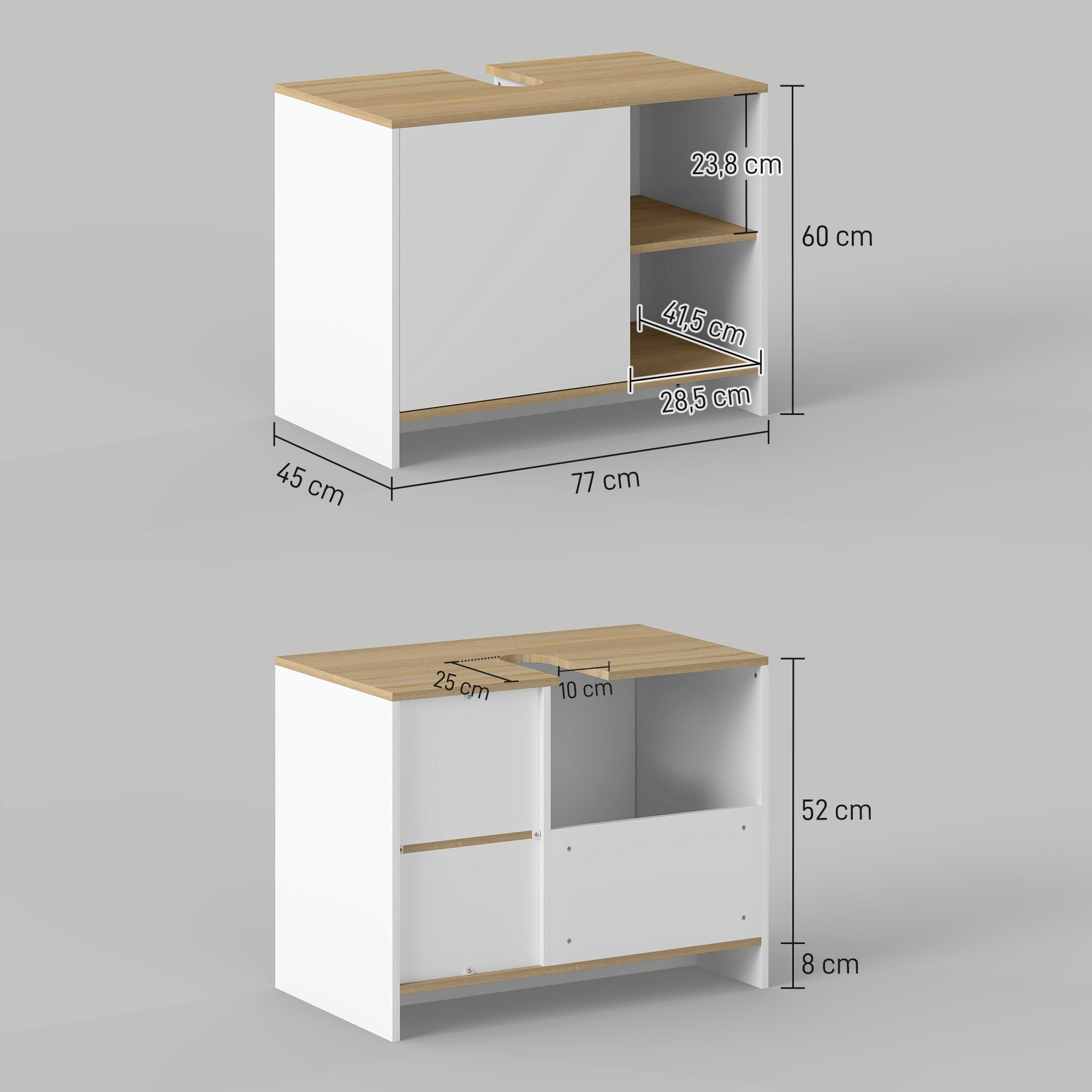 Dos vistas de un armario blanco con tapa de madera, mostrando dimensiones.