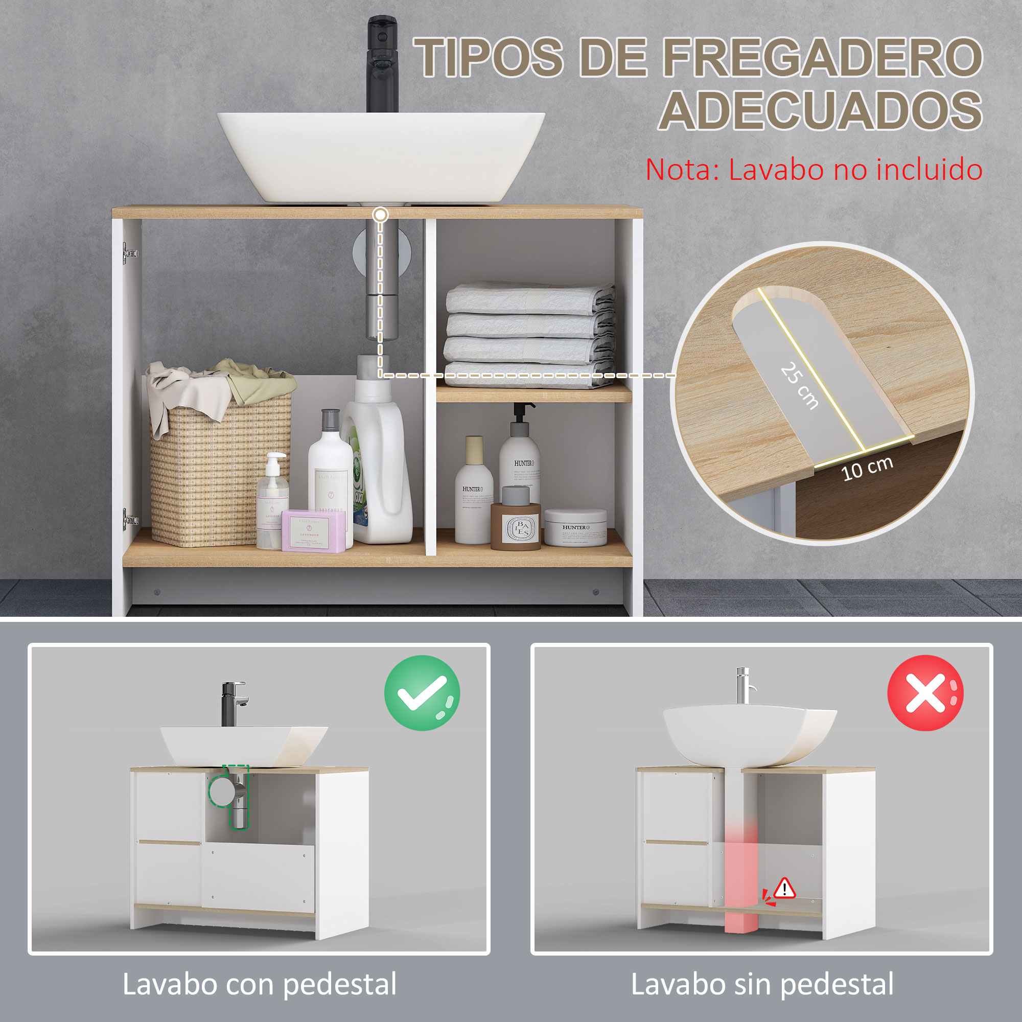 Mueble de baño con lavabo, accesorios y guías de instalación.