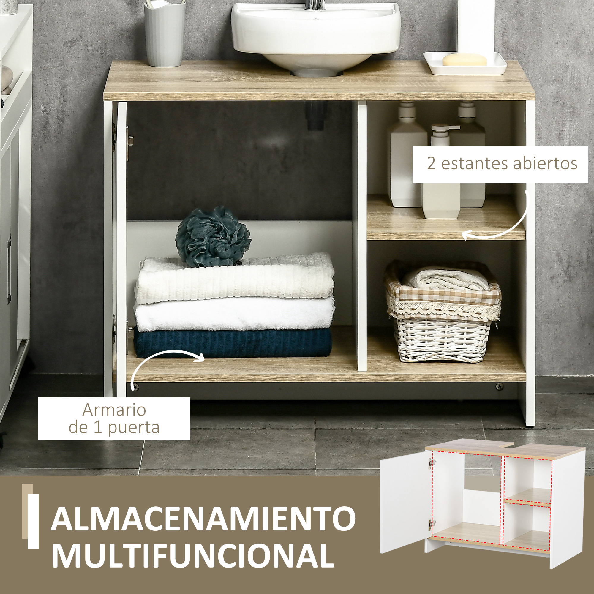 Un mueble de baño blanco con detalles de madera, con toallas y jabón.