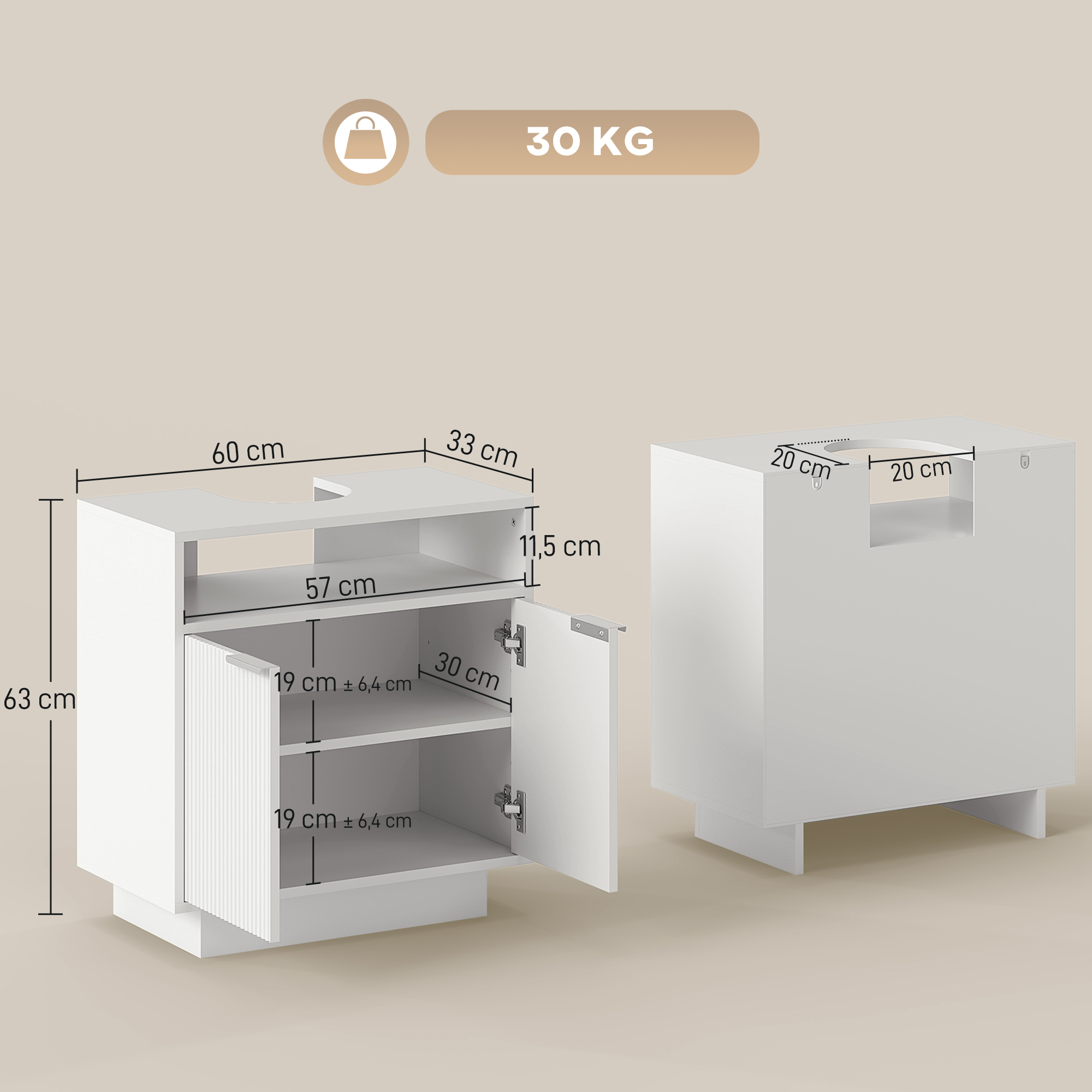 Mueble blanco con medidas, estante abierto y puerta. Máx 30 kg.