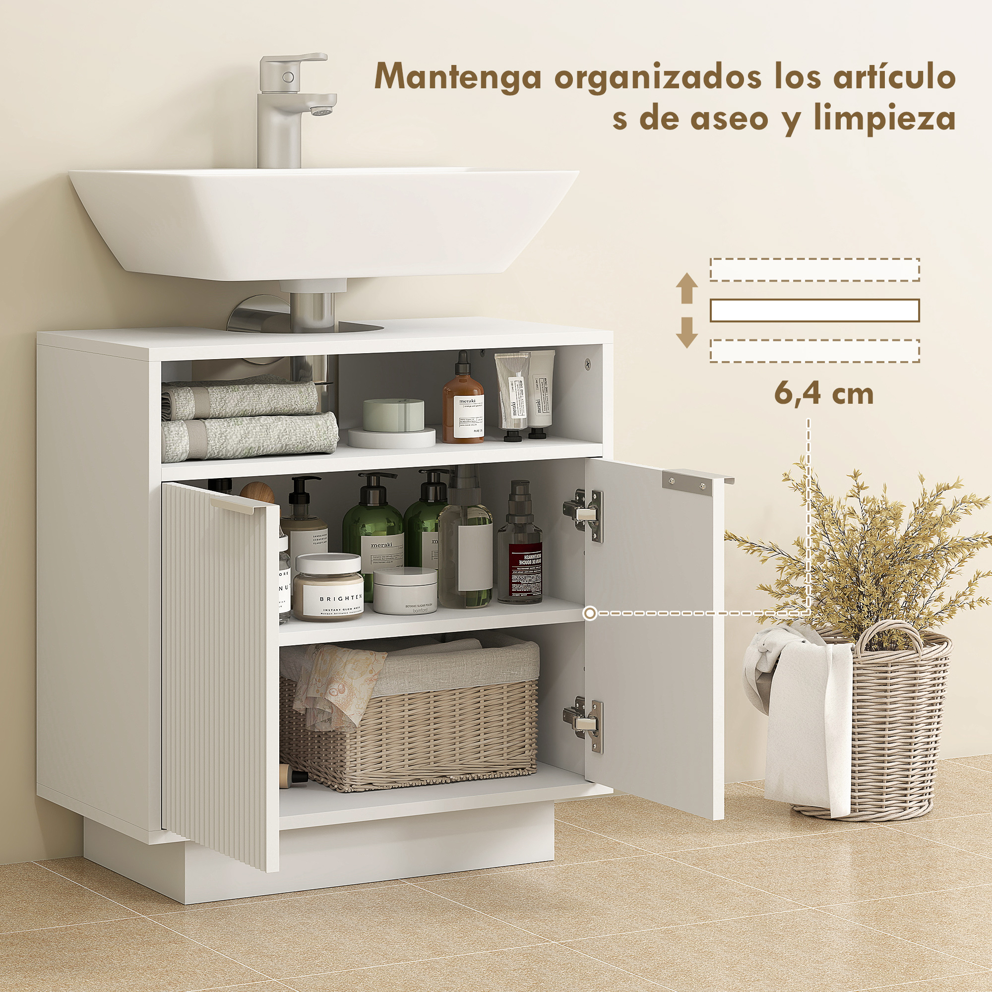 Un mueble de baño blanco bajo un lavabo con las puertas abiertas.