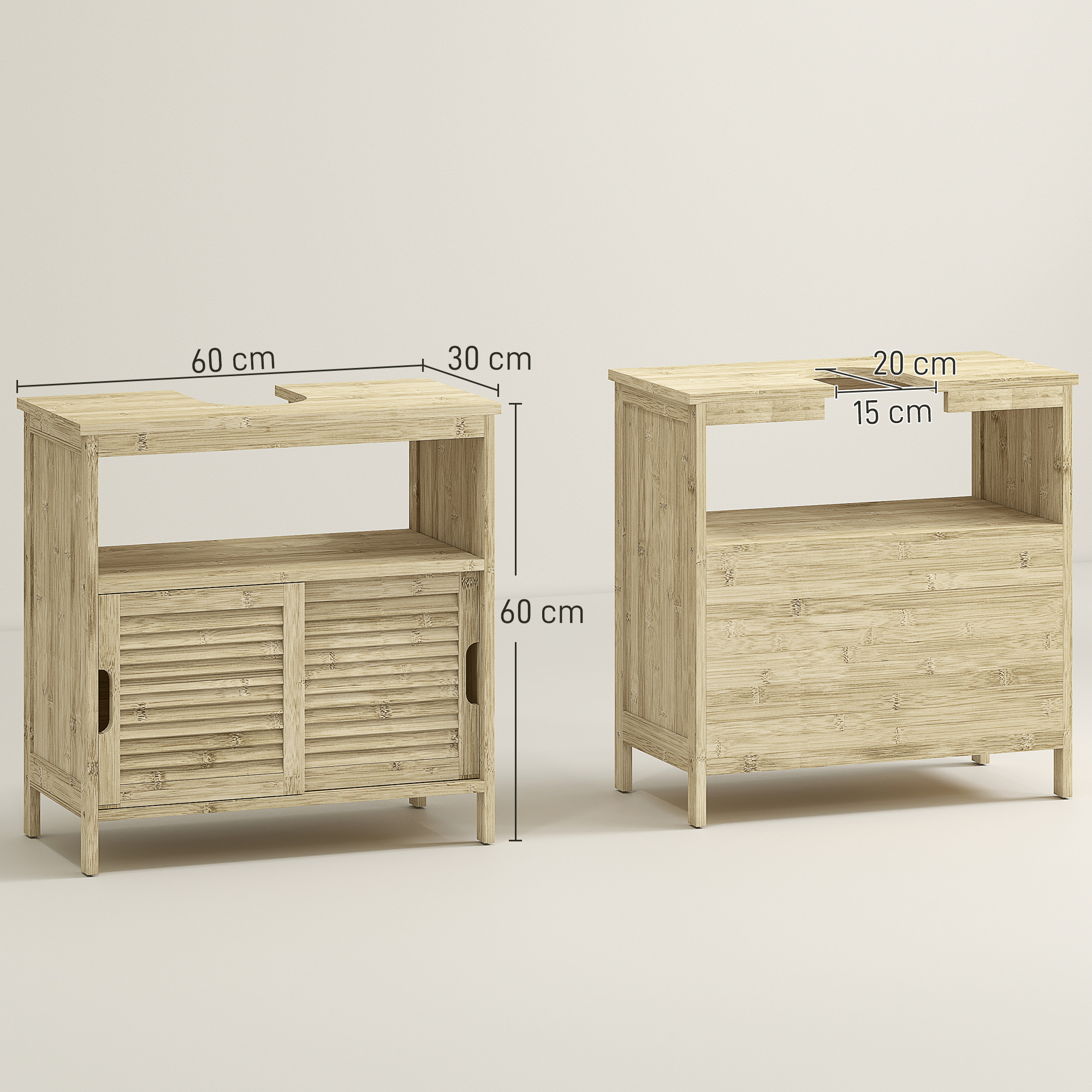 Dos muebles de lavabo de bambú con dimensiones. Uno mide 60x30x60cm.