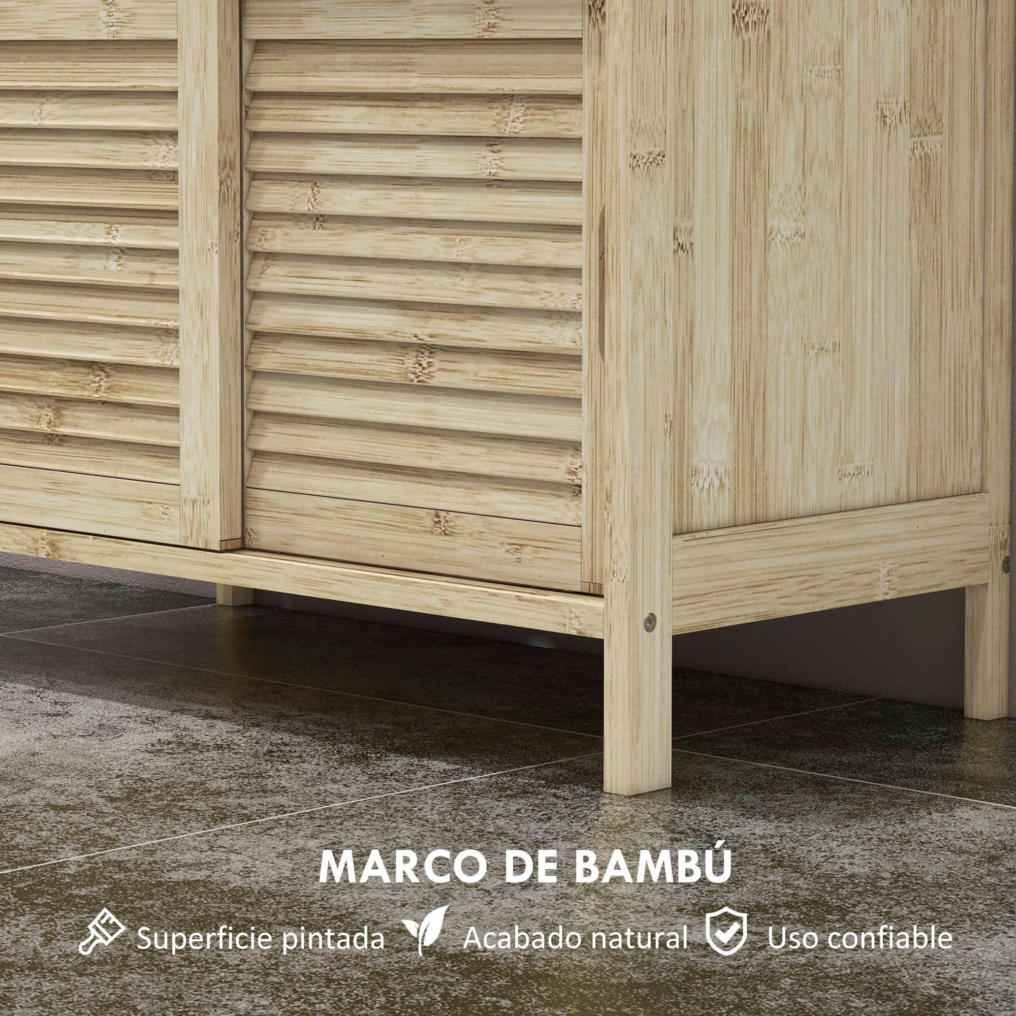 Un mueble de bambú marrón claro con puertas de lamas sobre suelo oscuro.