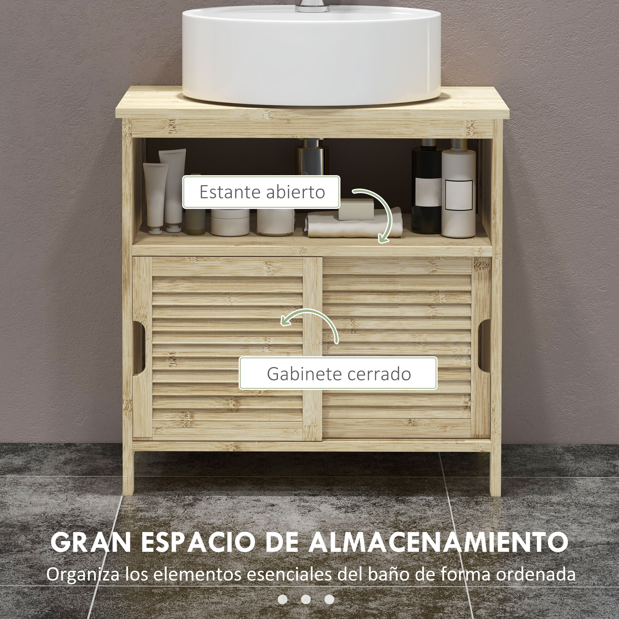 Mueble de baño de madera con lavabo blanco, con compartimentos abiertos y cerrados.