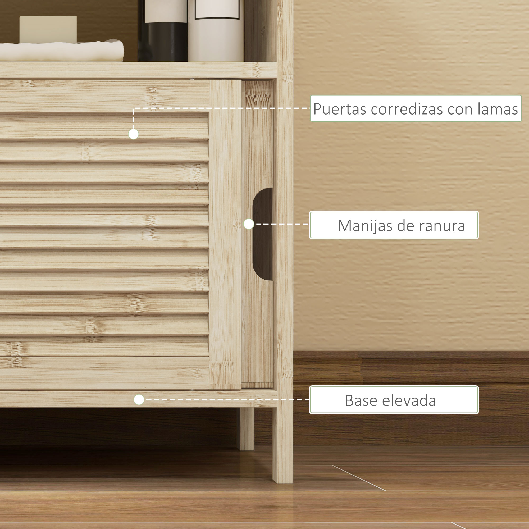 Armario de baño de madera clara con puertas correderas y ranuras.