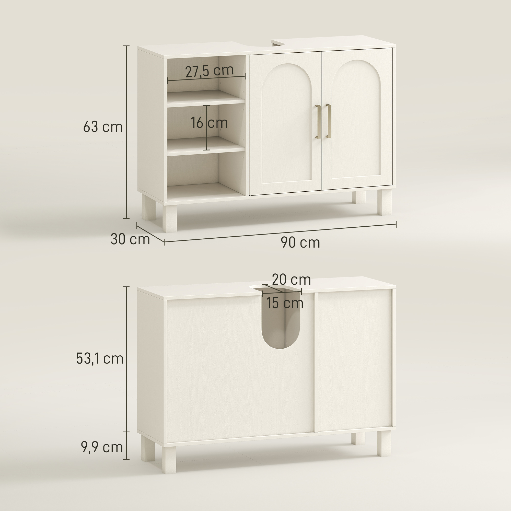 Mueble de baño blanco con puertas arqueadas, estantes abiertos y medidas.