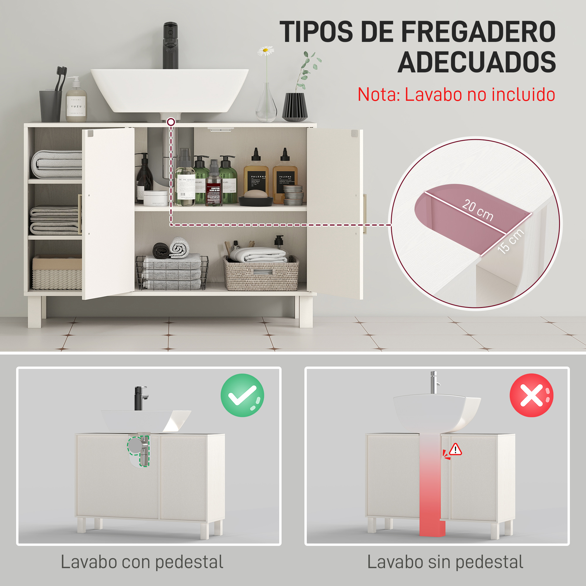 Mueble de baño con guía de instalación de lavabo y dimensiones.
