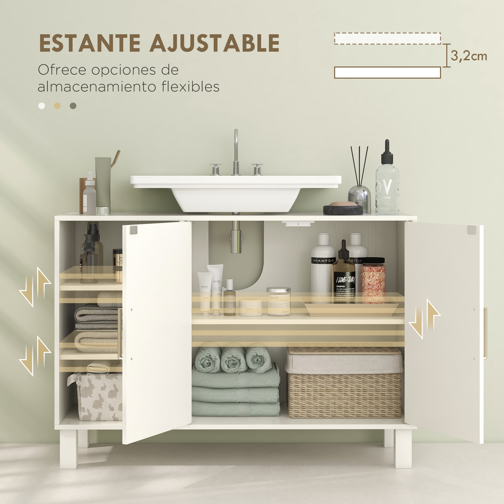 Un mueble de baño blanco con lavabo, lleno de toallas y botellas.