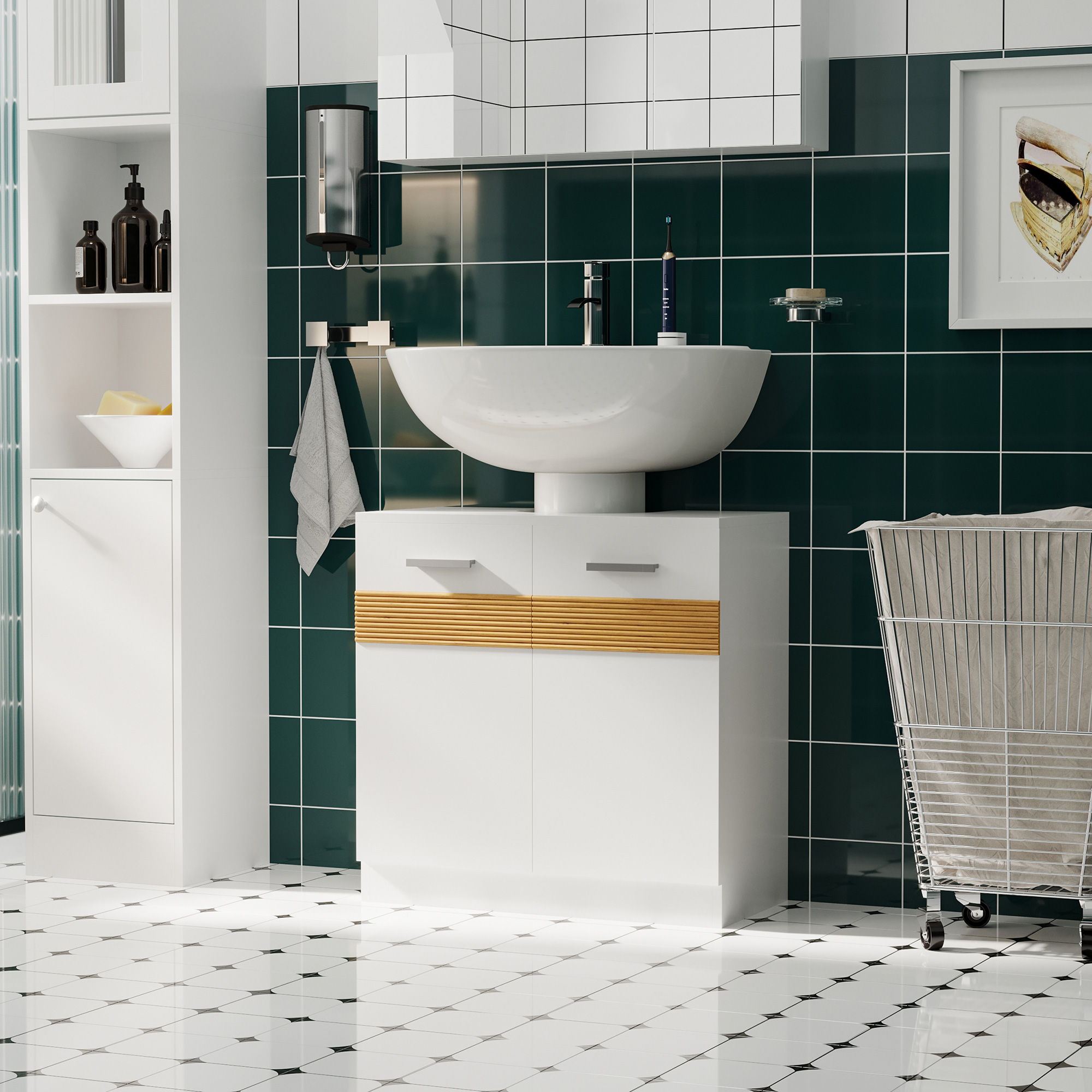Baño moderno con lavabo, dispensador de jabón y cesto de ropa.