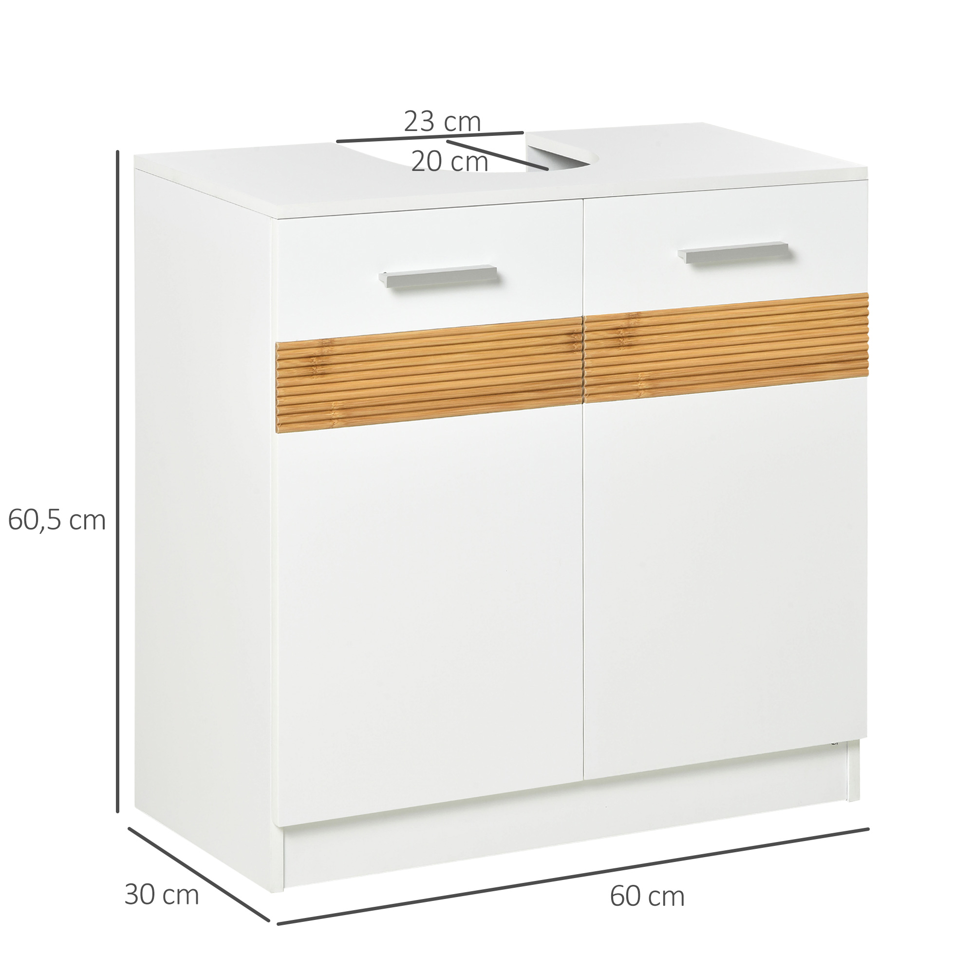 Mueble blanco con cajones y frente de bambú.