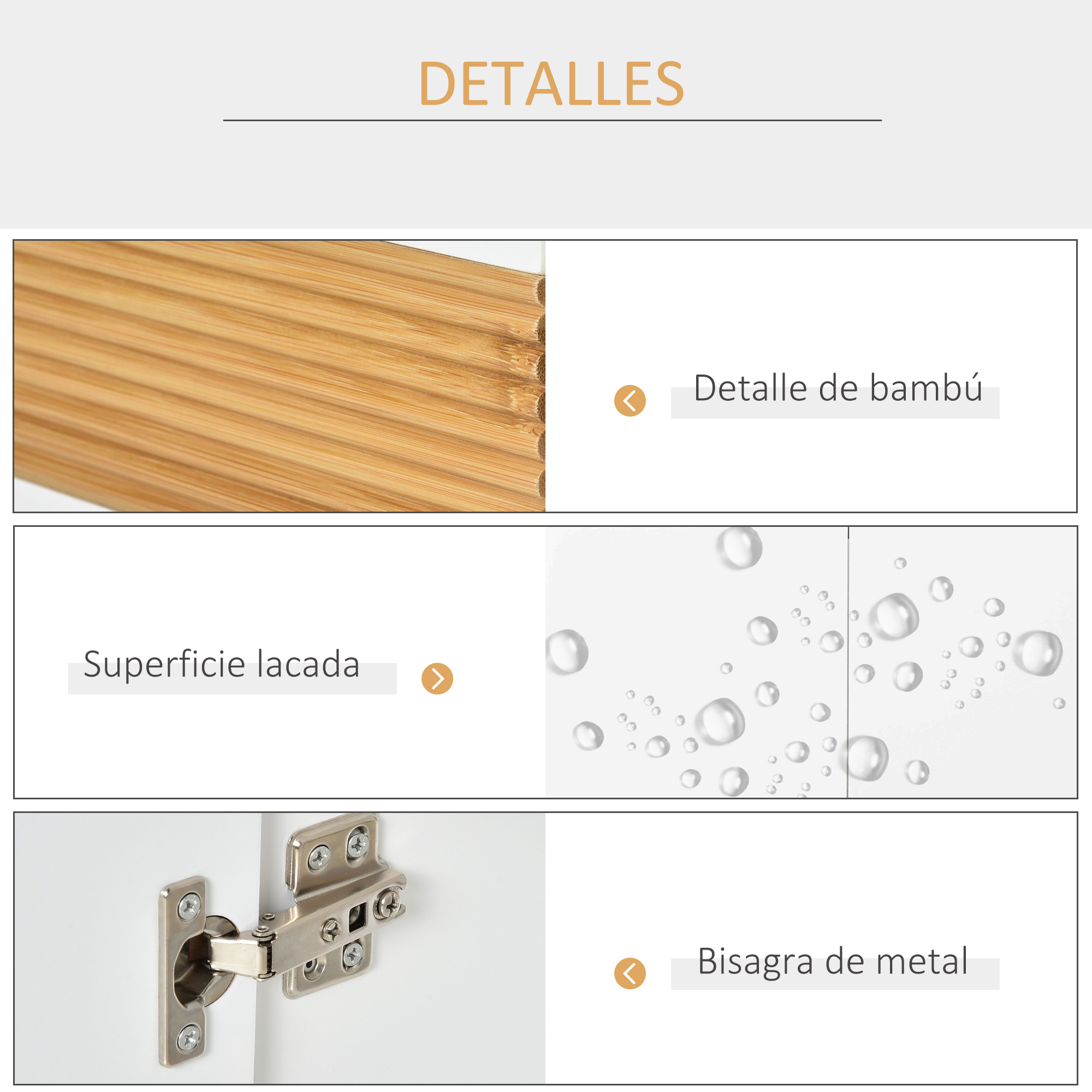 Detalles: bambú, superficie lacada, bisagra de metal.