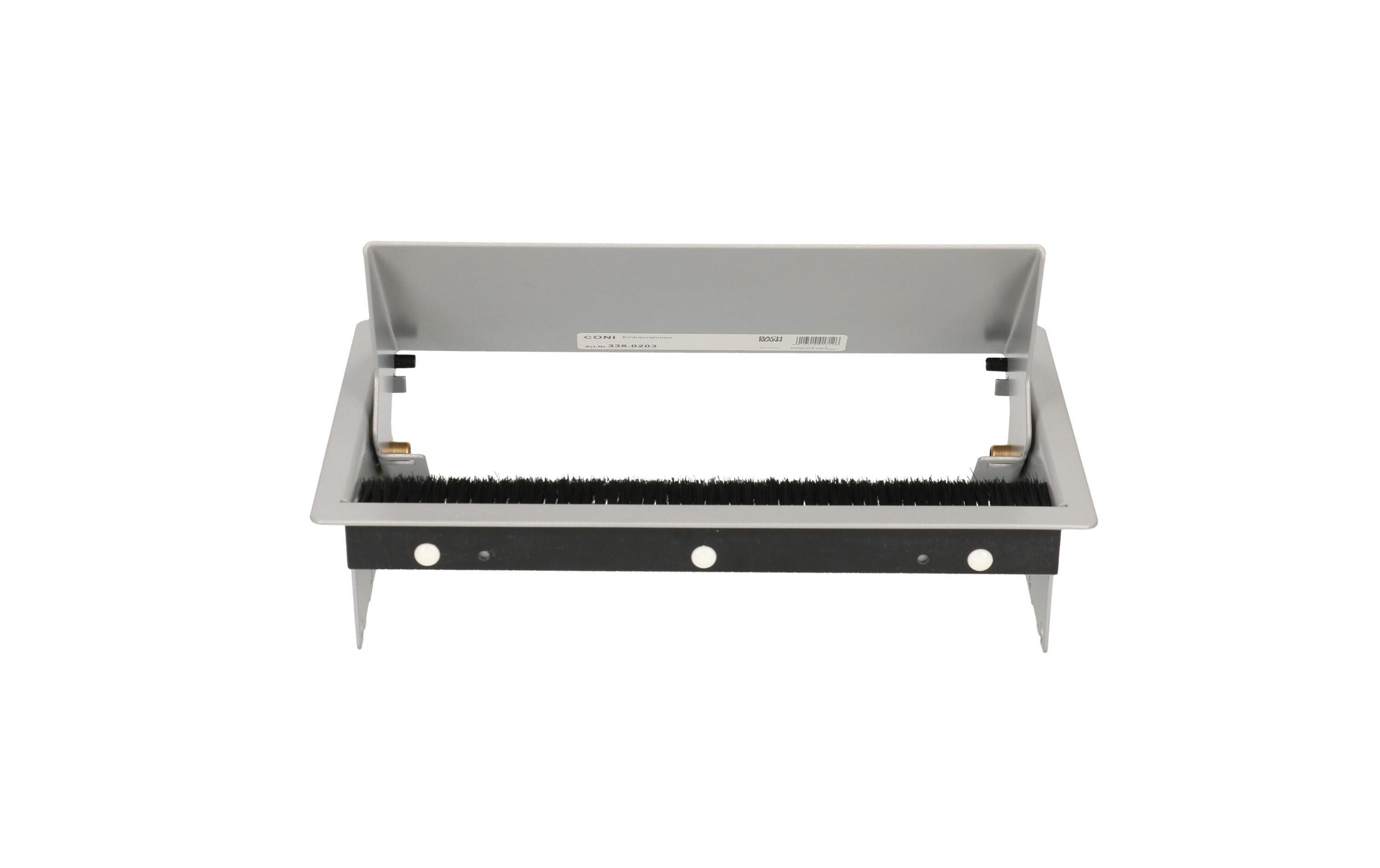 Telaio di installazione grigio con spazzola nera e coperchio.