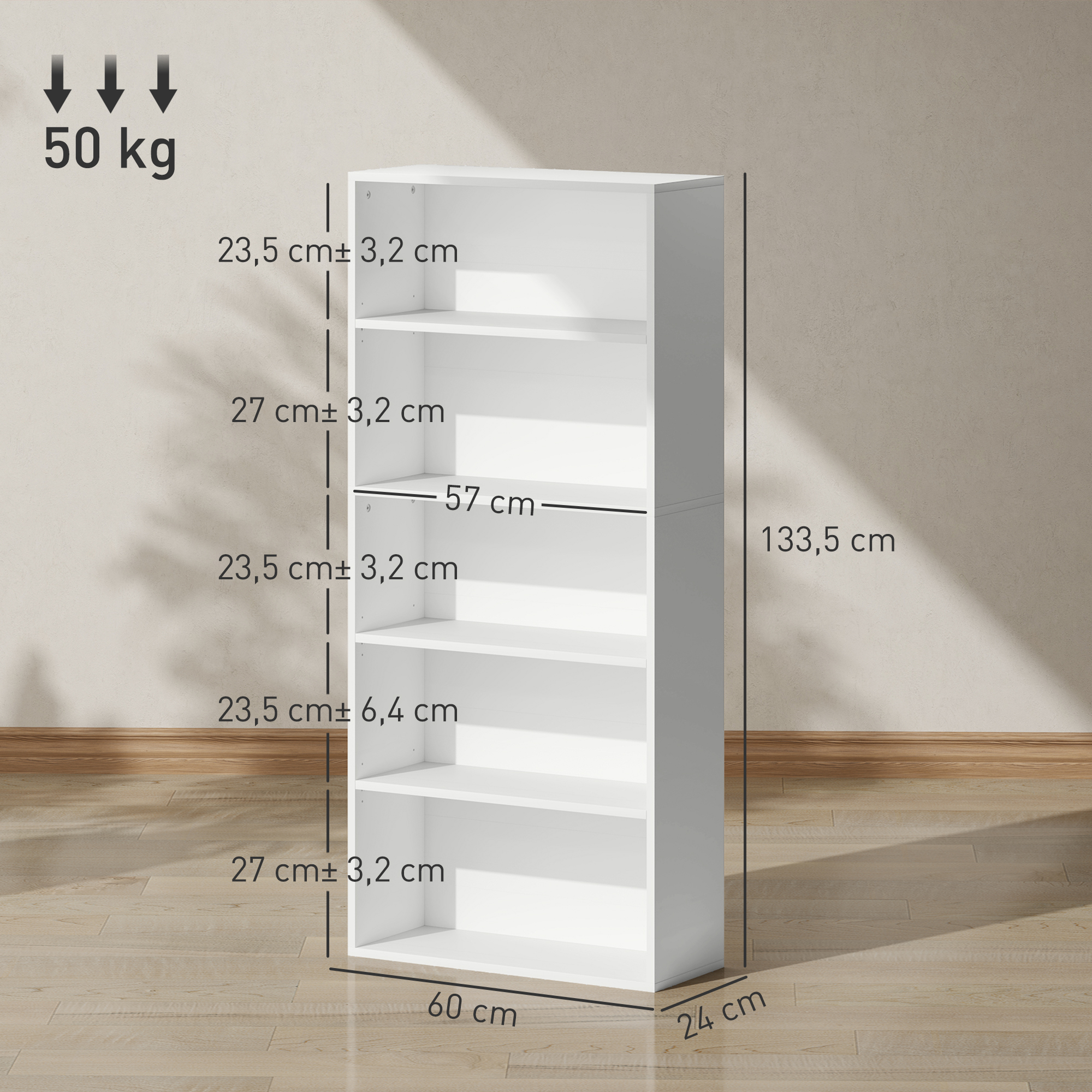 Una estantería blanca de cinco baldas sobre suelo de madera.