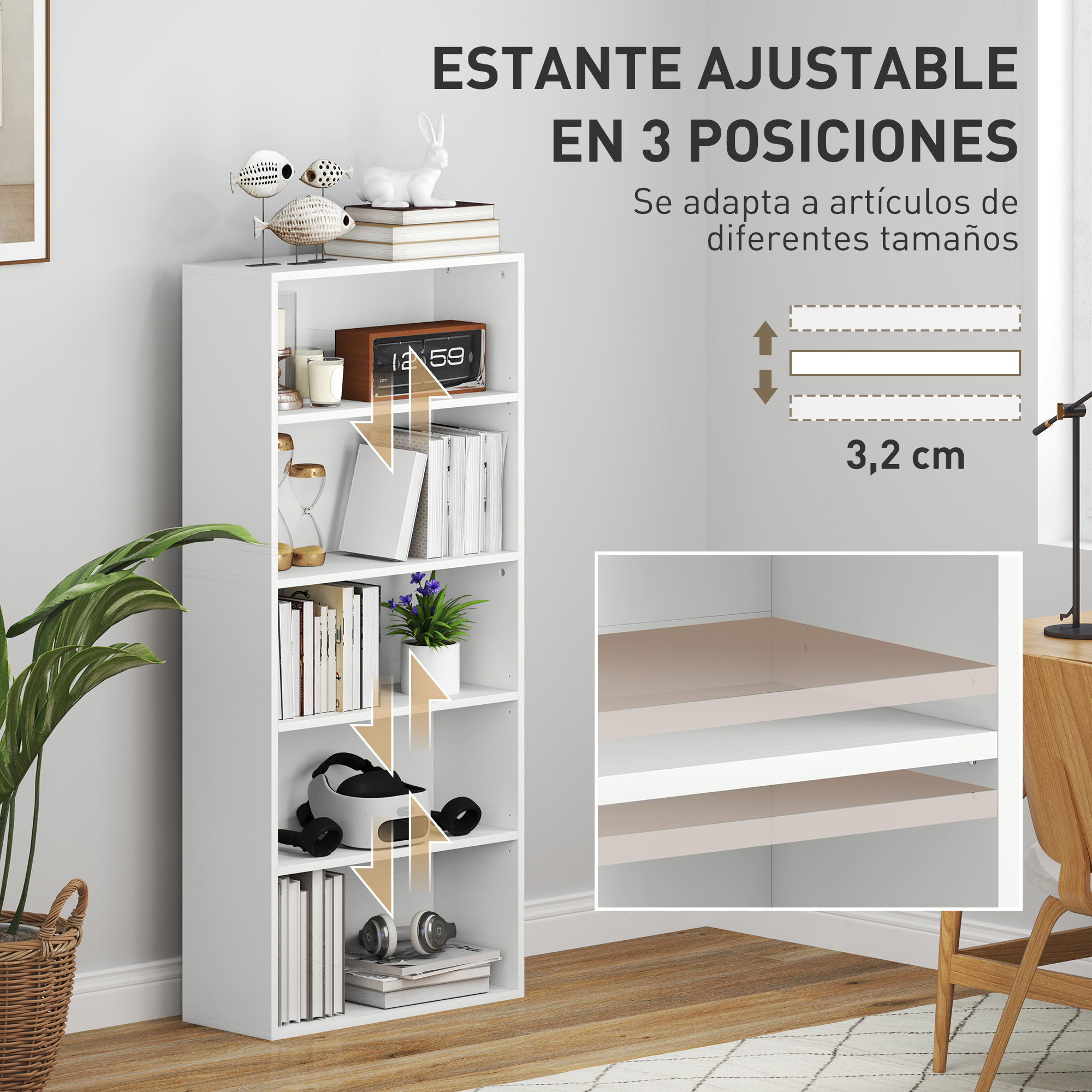 Estantería blanca con libros, plantas y objetos decorativos. Estantes ajustables.
