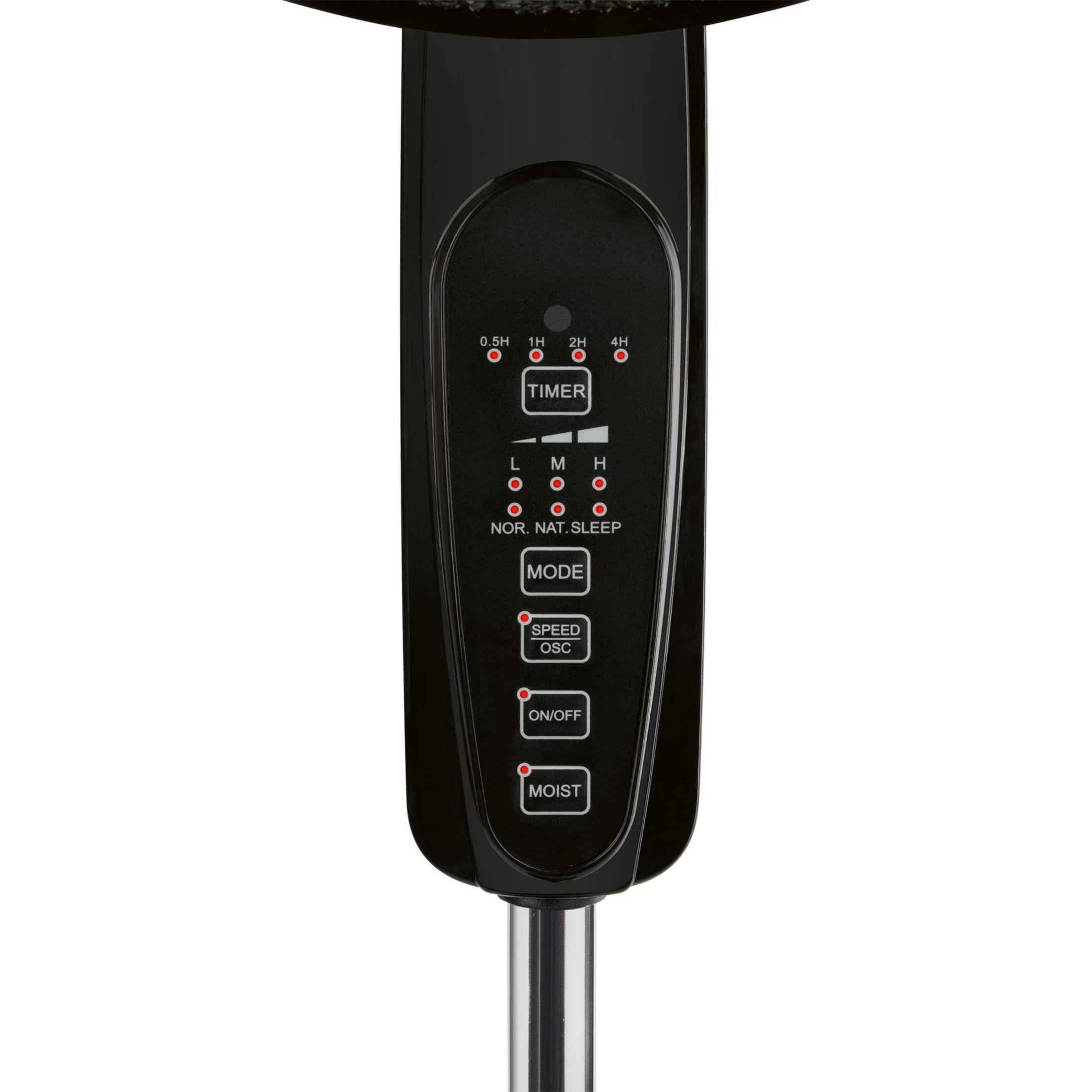 Panel sterowania czarnego wentylatora z opcjami timera, trybu i prędkości.