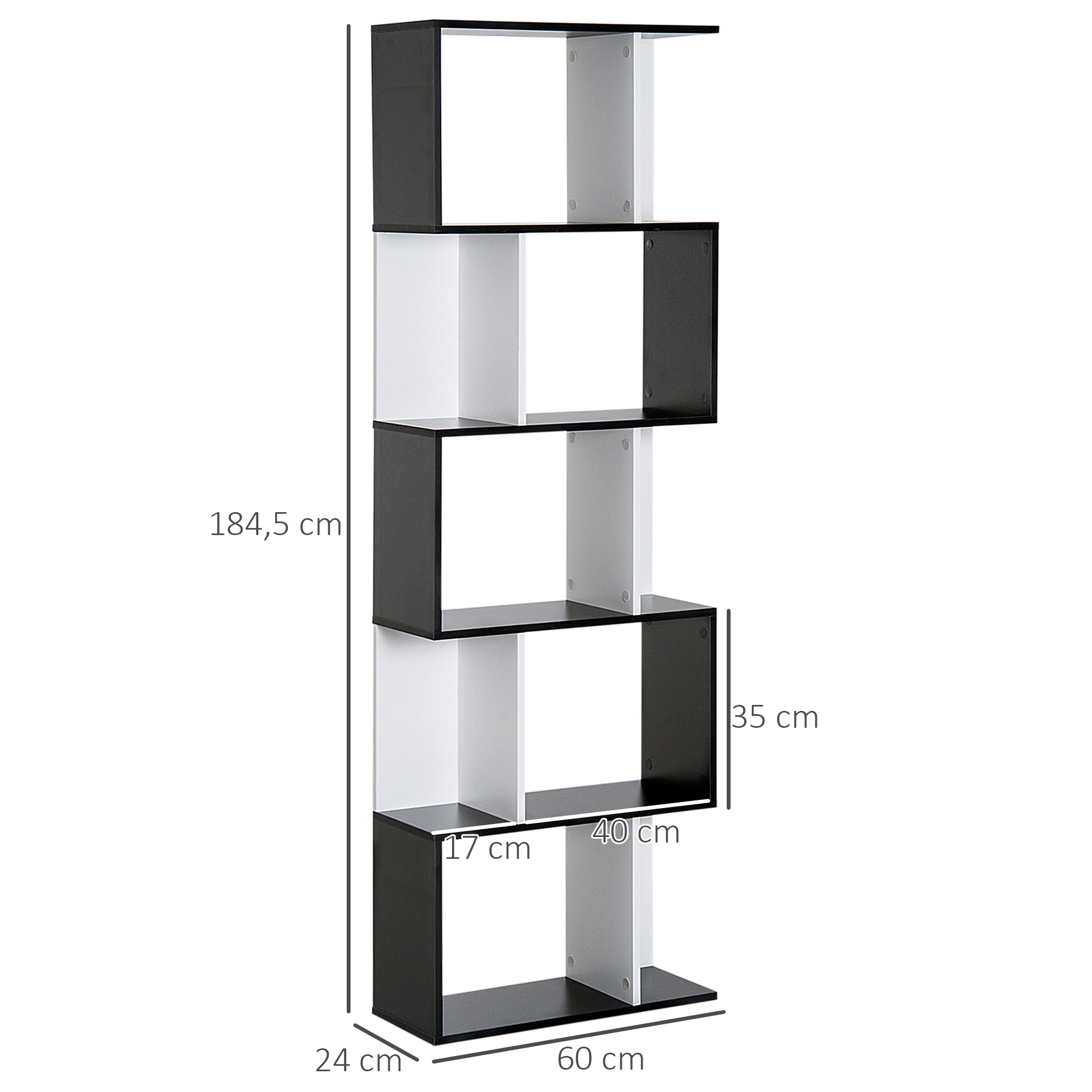 Un mueble de estantería de cinco niveles, blanco y negro. Alto: 184,5 cm, Ancho: 60 cm, Prof: 24 cm.
