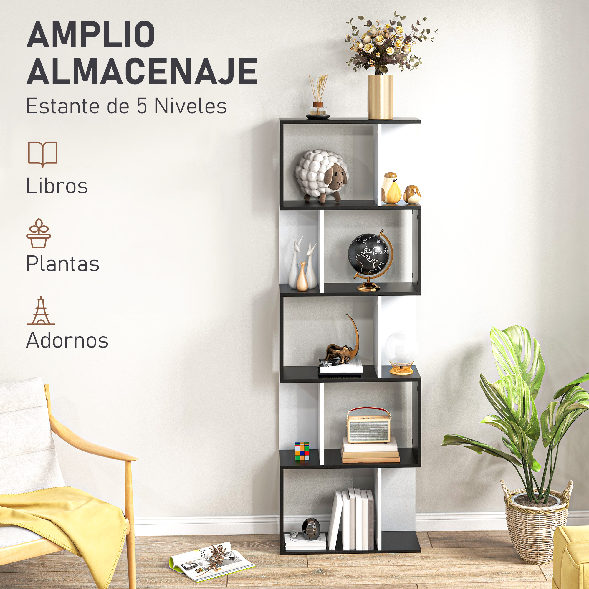 Estantería de 5 niveles con libros, plantas y objetos decorativos.