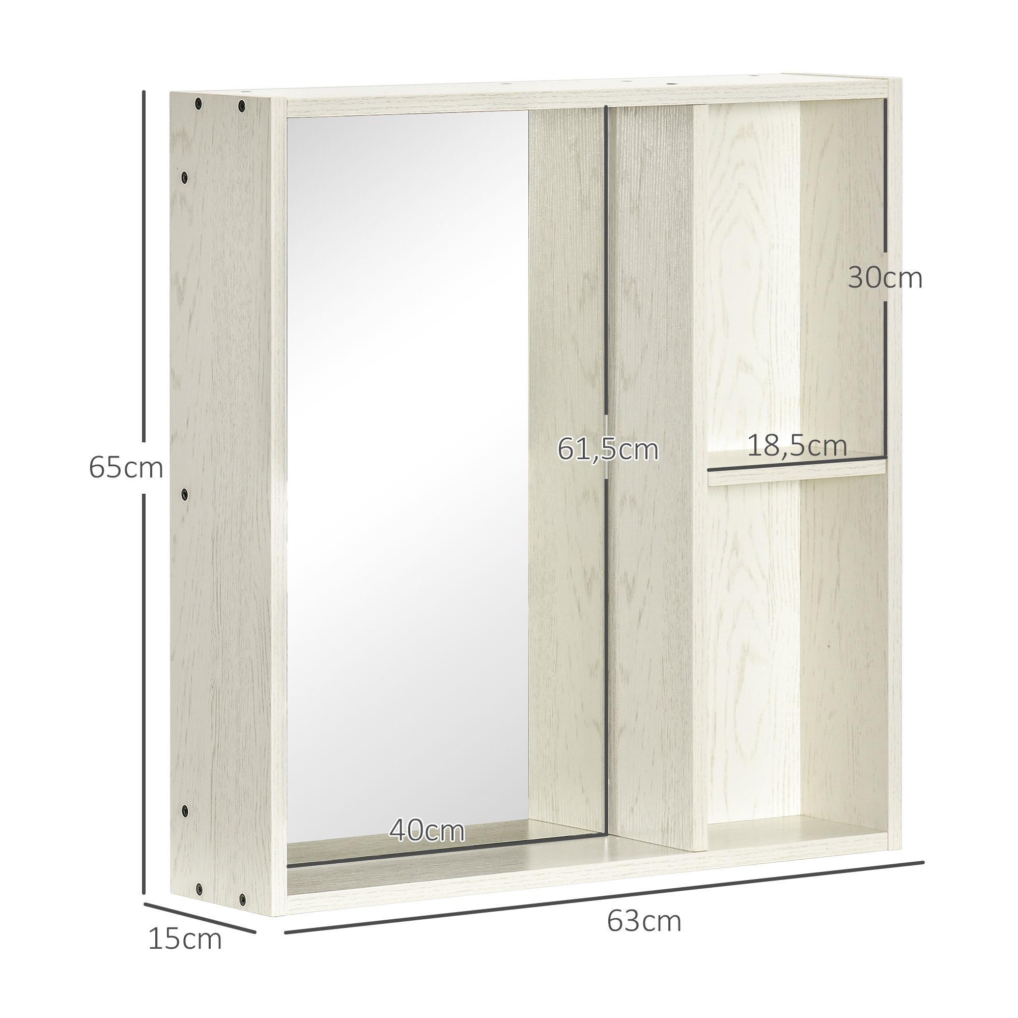 Un armario de pared blanco con espejo y estantes, se muestran las dimensiones.