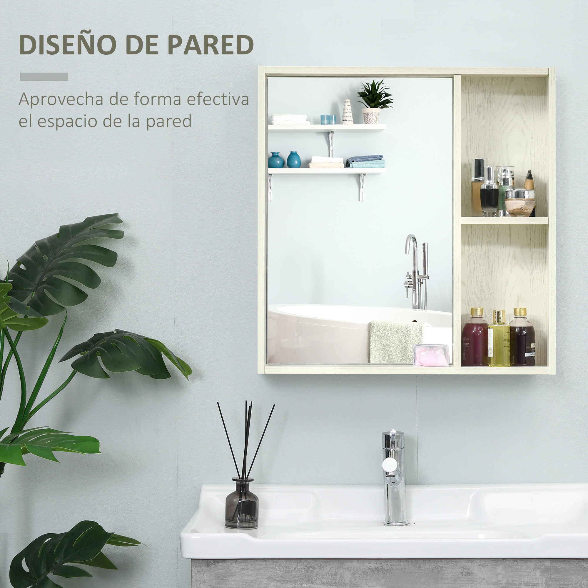 Un mueble de baño con espejo, estantes y artículos de tocador sobre un lavabo con grifo.