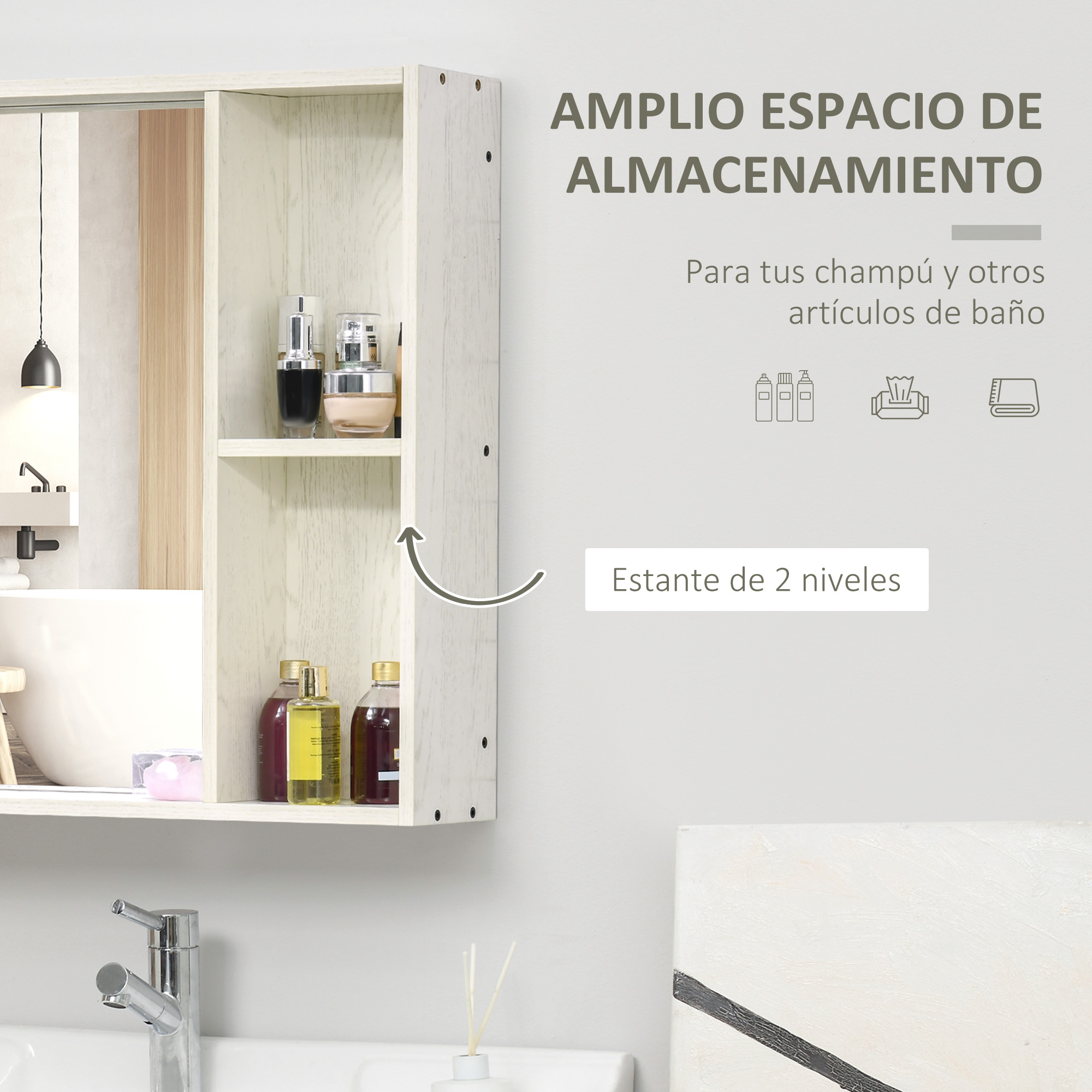 Un estante de baño blanco de dos niveles con cosméticos y botellas.