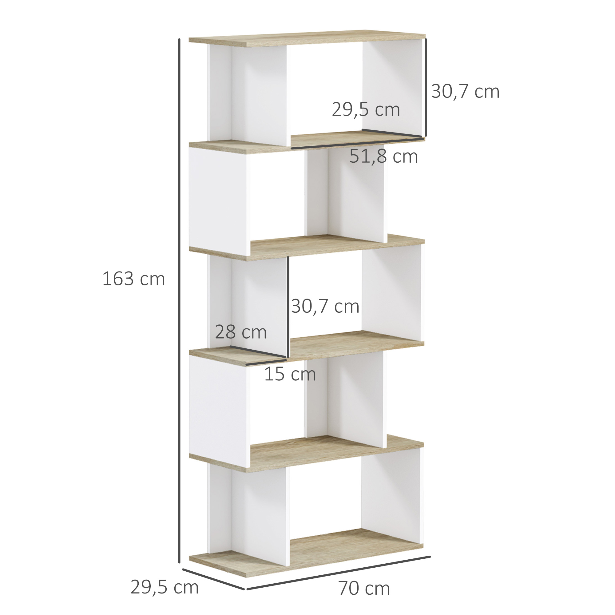 Un estante blanco con baldas de madera, se muestran las medidas.