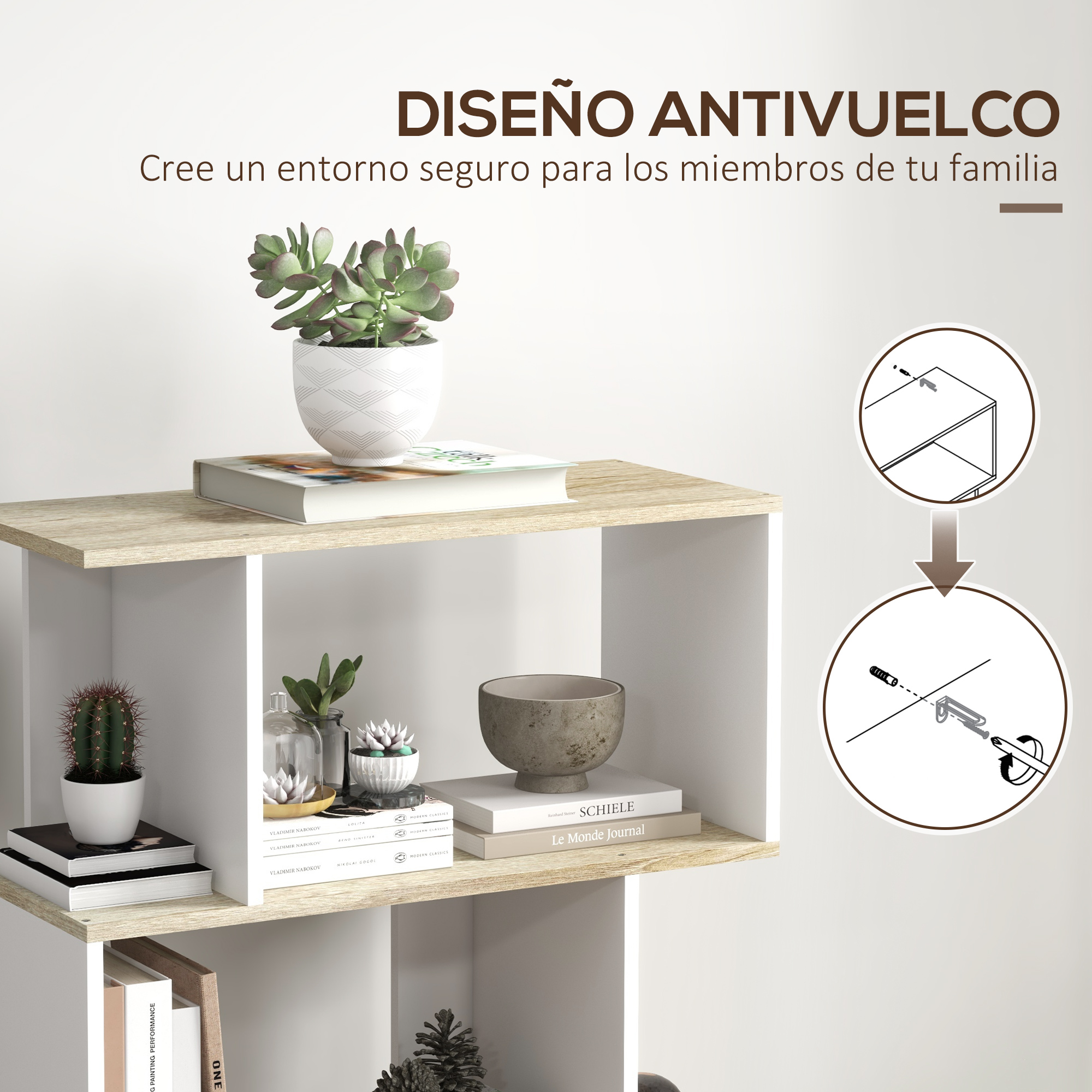 Estantería con plantas, libros y un cuenco. Instrucciones de montaje al lado.