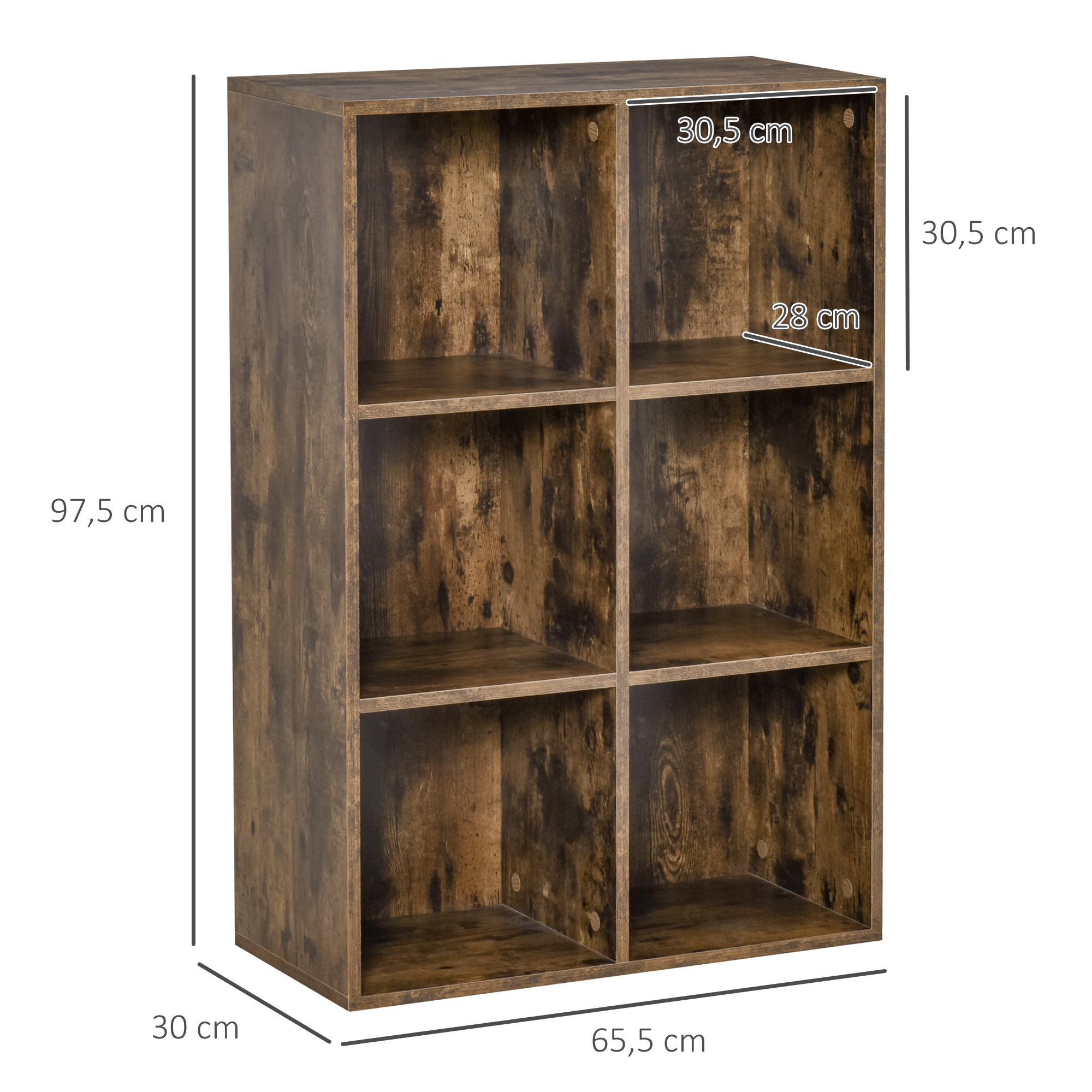 Estantería de madera marrón con seis compartimentos, se muestran las dimensiones.