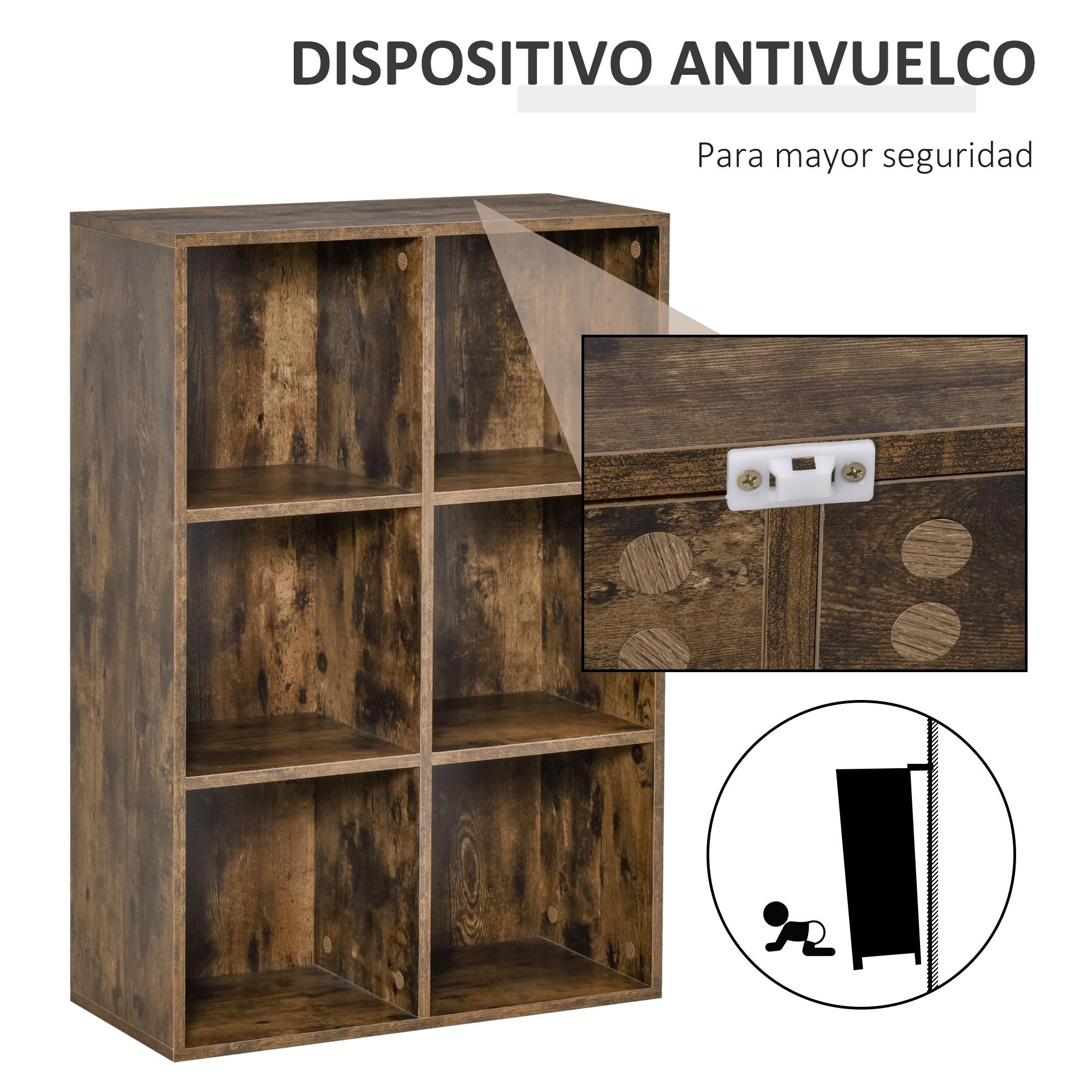Estantería de madera marrón oscuro con 6 compartimentos y dispositivo antivuelco.