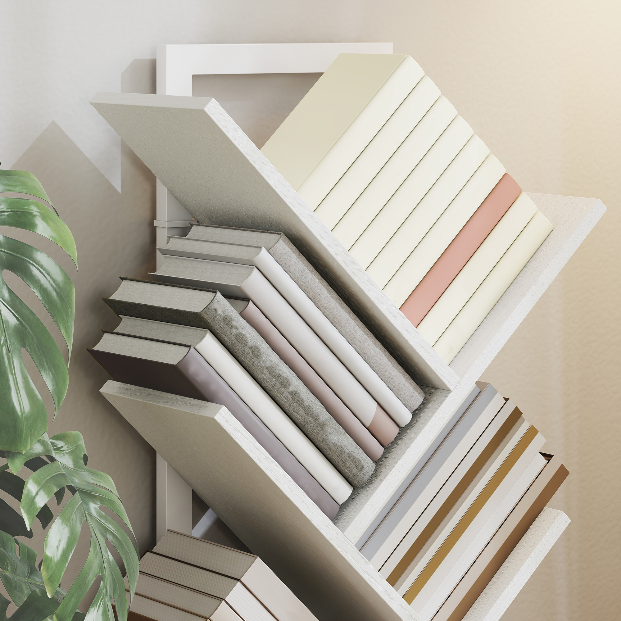 Una estantería con libros de varios colores y tamaños. Una planta de monstera está a la izquierda.