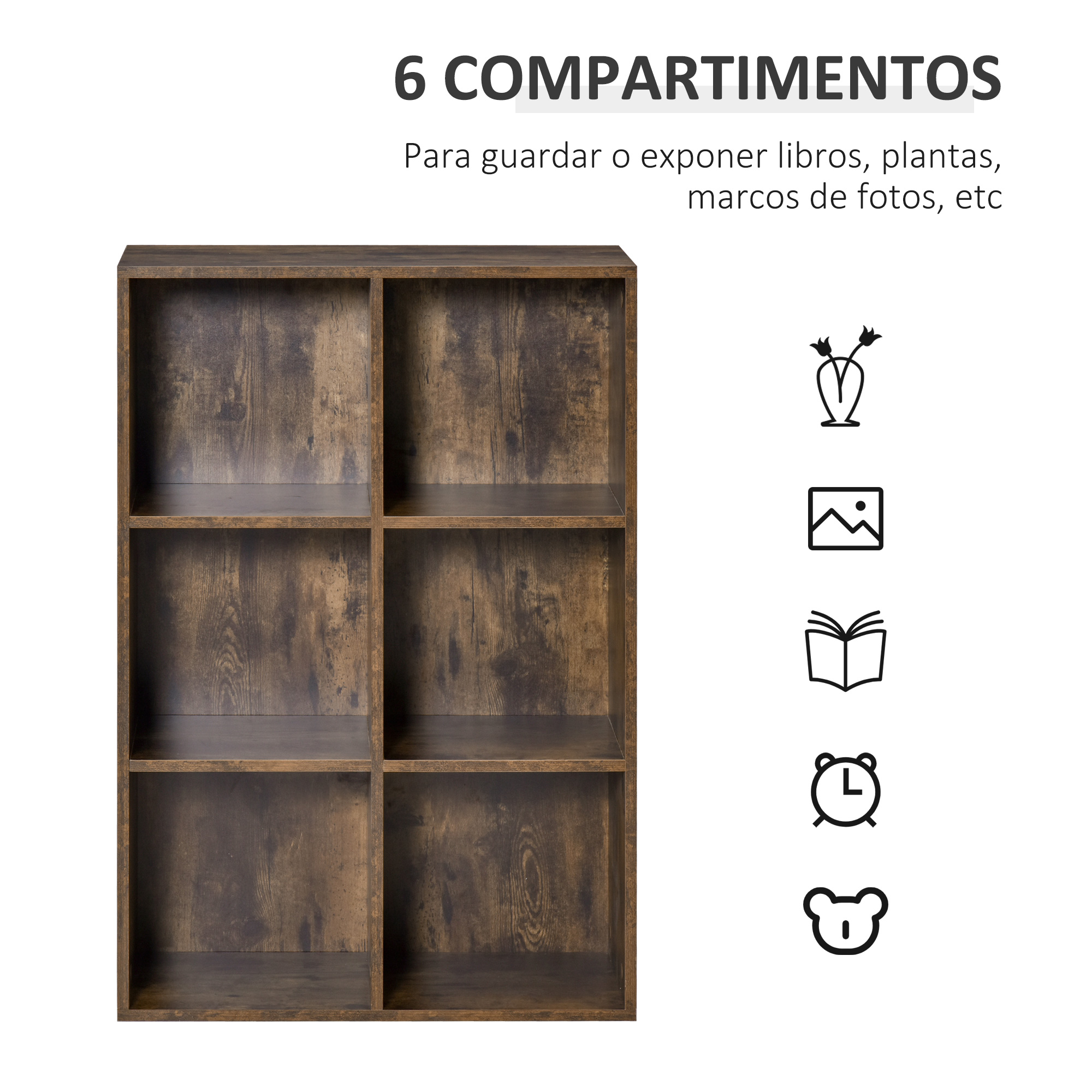 Estantería marrón de 6 compartimentos con iconos de decoración, fotos, libro, reloj.