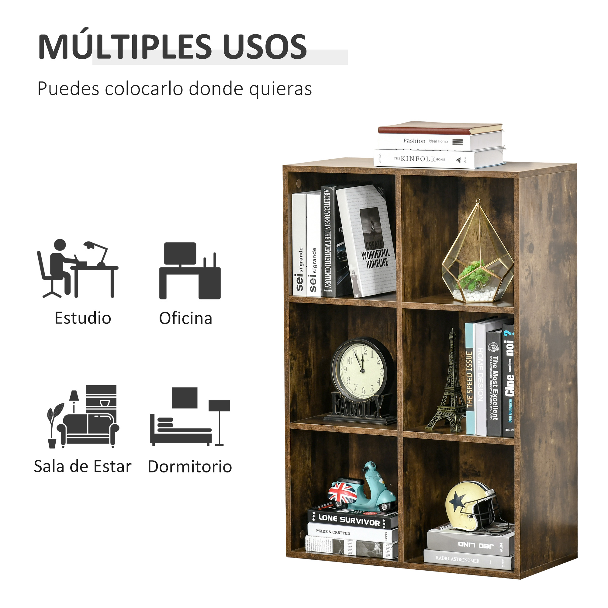 Estantería marrón de varios compartimentos, con libros y decoraciones.