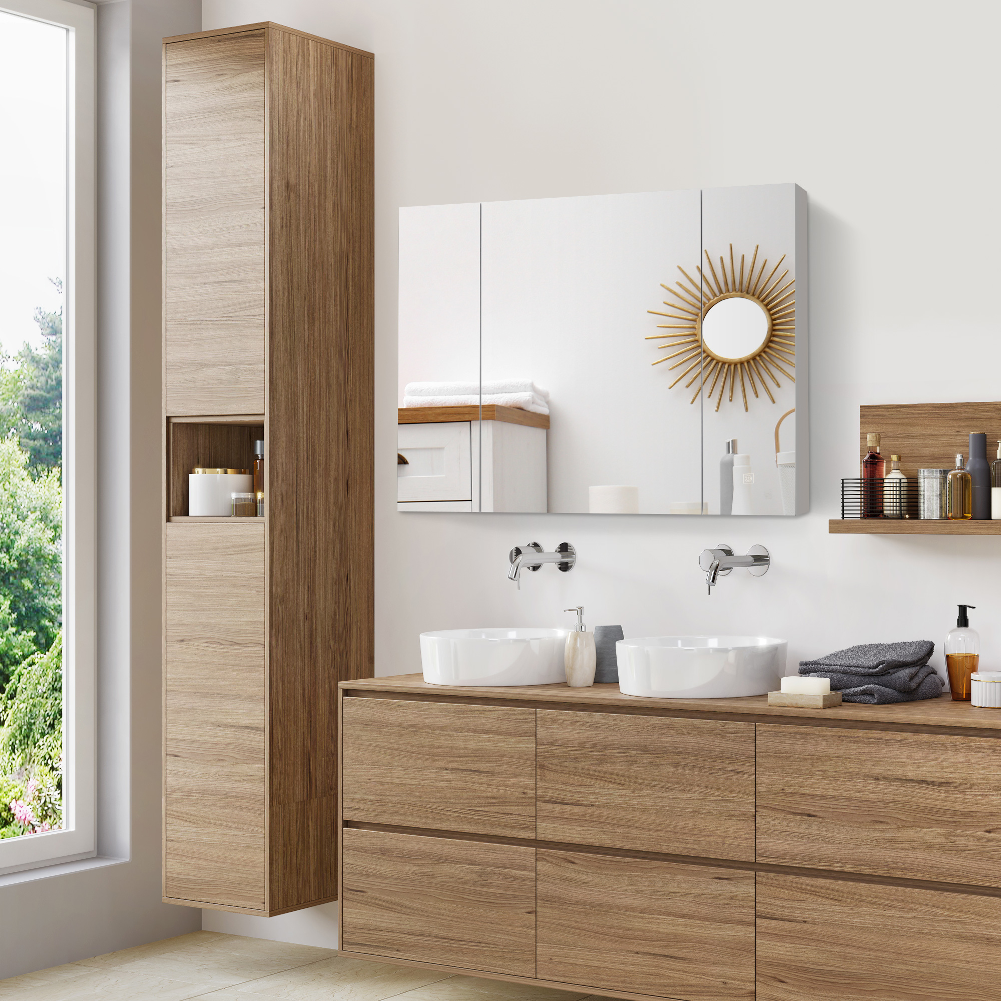 Baño moderno con lavabos dobles, mueble de madera, espejo y vista a ventana.