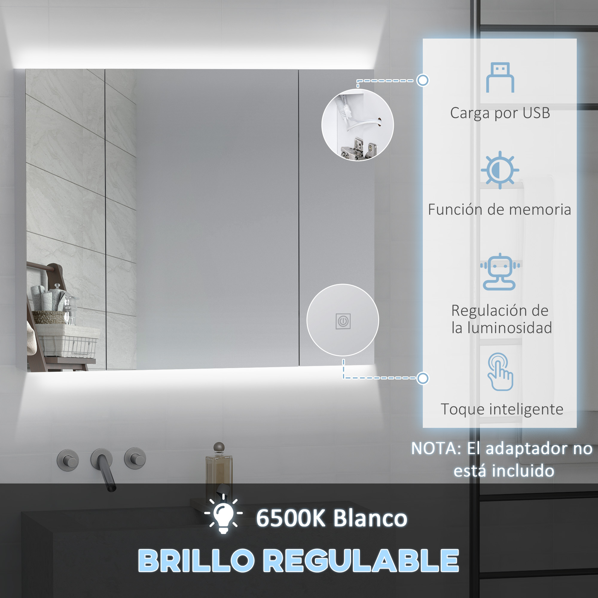 Espejo de baño con luz LED, carga USB, función de memoria.