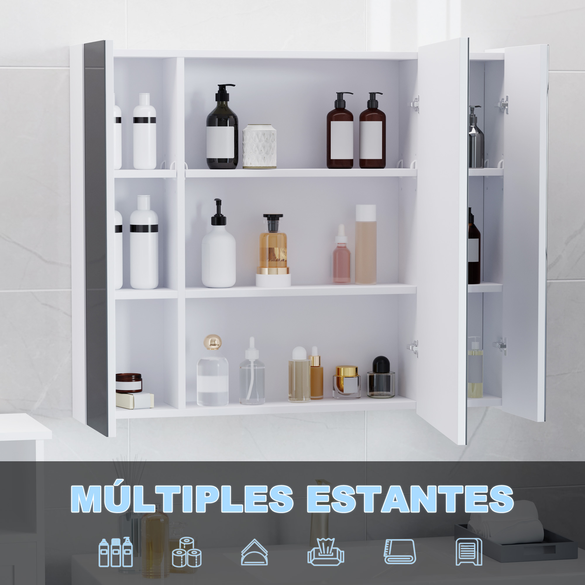Un botiquín blanco con espejo y múltiples estantes llenos de botellas.