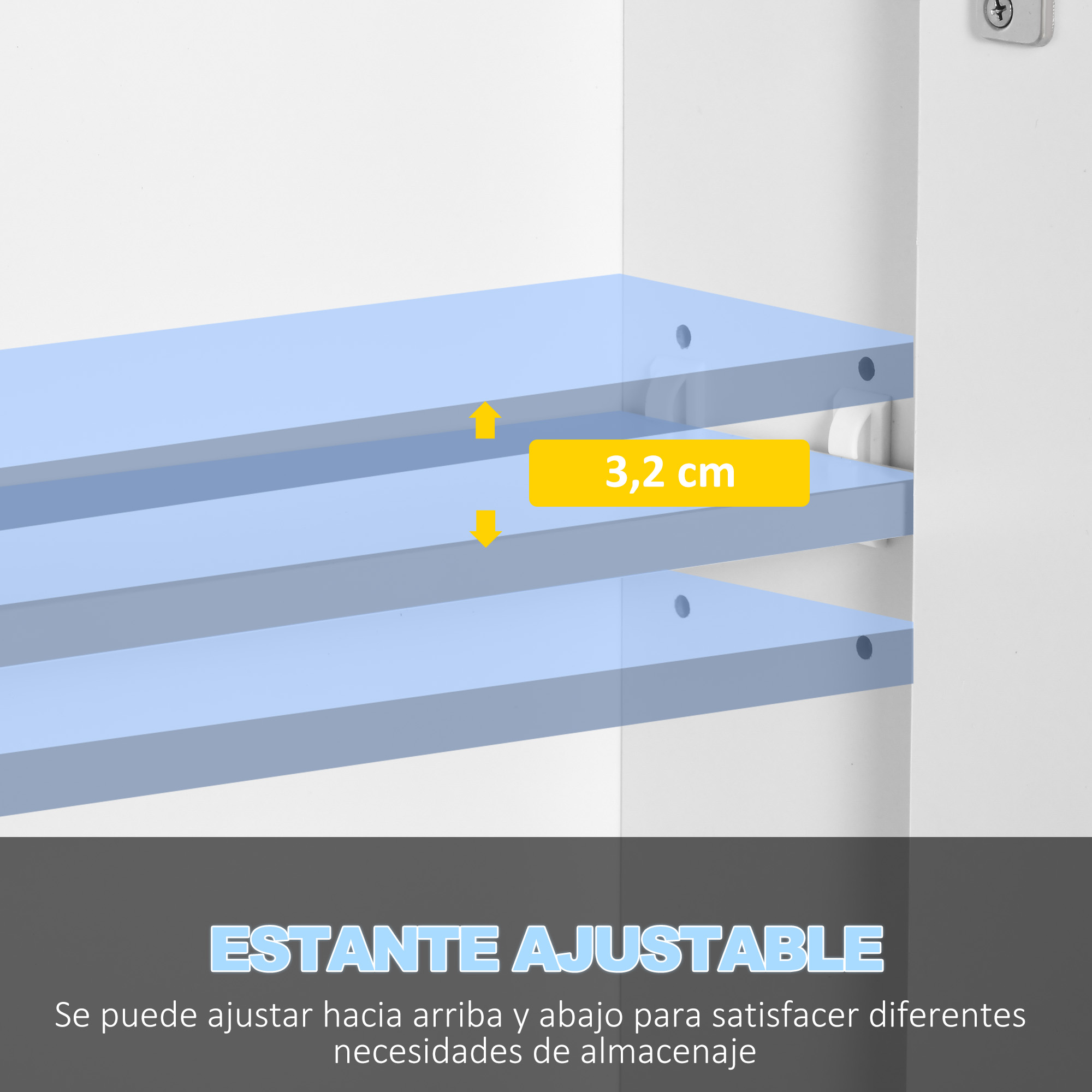 Estante ajustable con indicador de ajuste de altura de 3,2 cm.