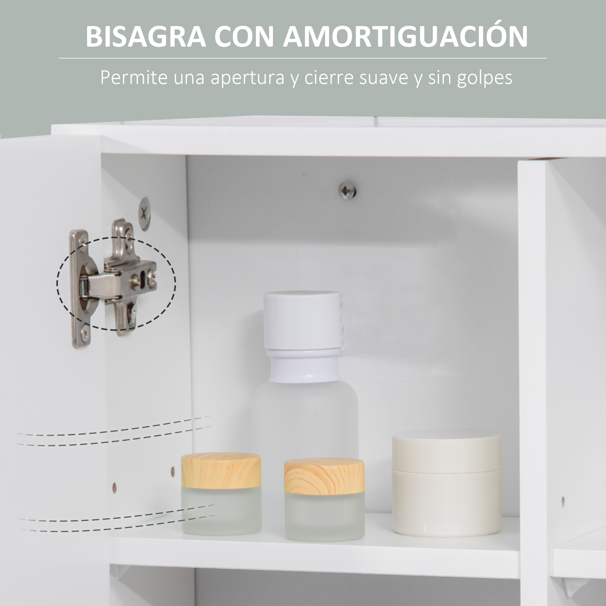 Bisagra con amortiguación, dos frascos y una botella cerca.