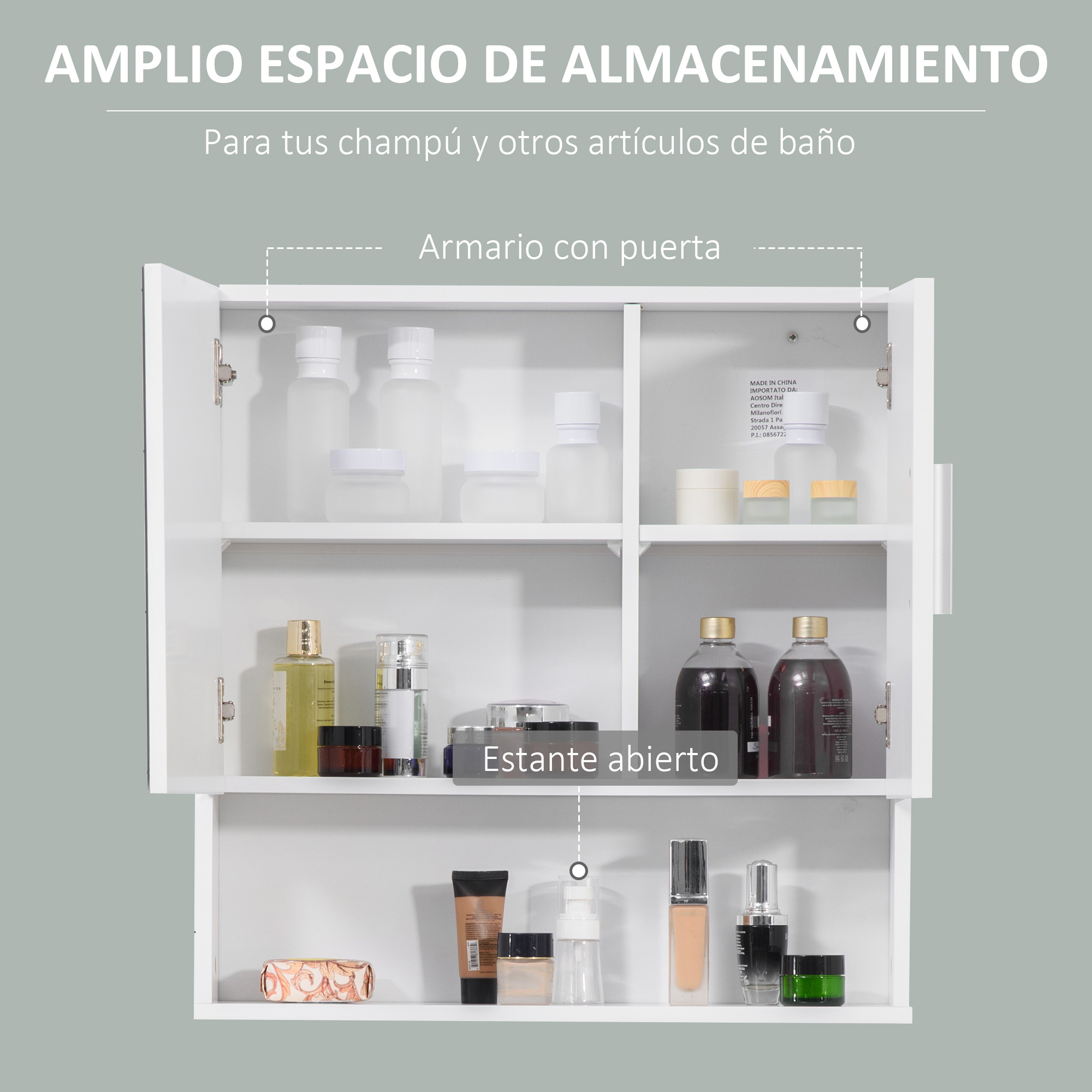Armario blanco abierto con artículos de baño en varios estantes.