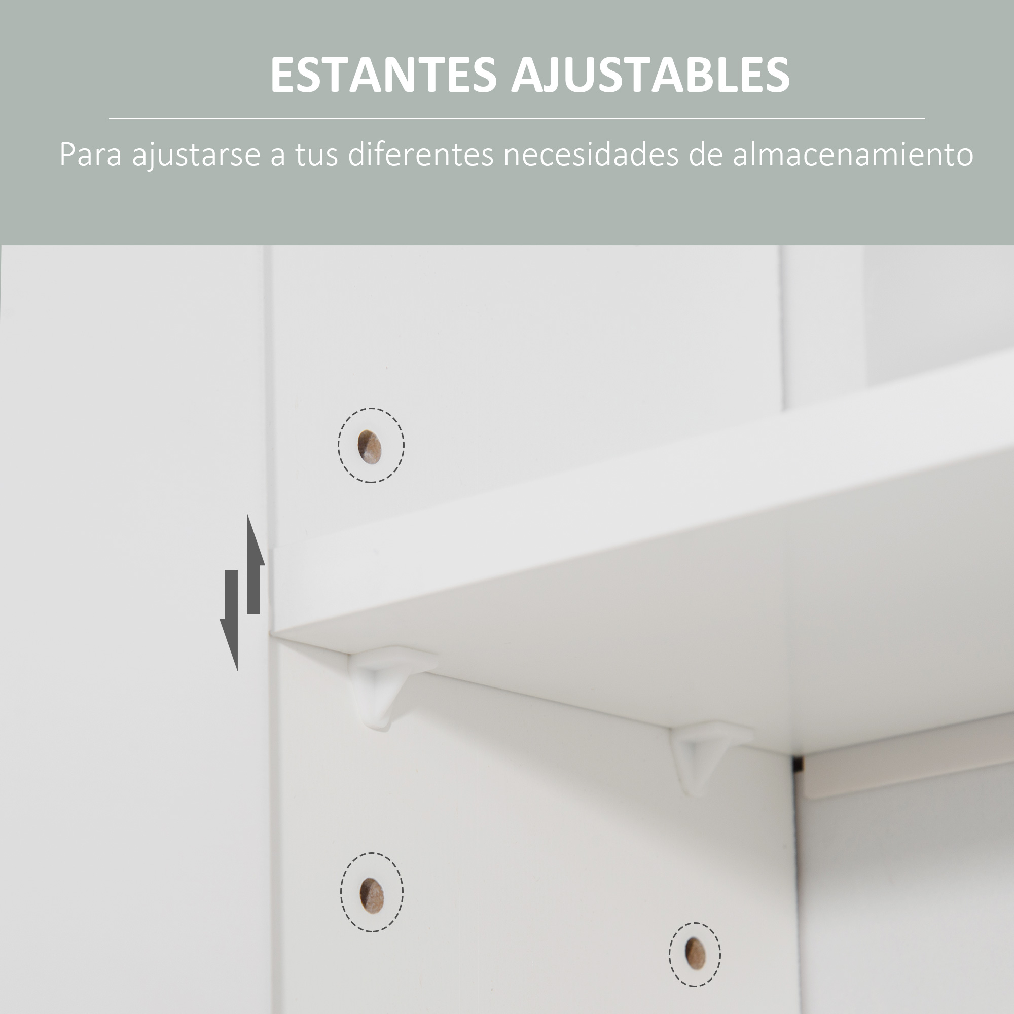 Estantes blancos con orificios de montaje y flechas que indican ajuste de altura.