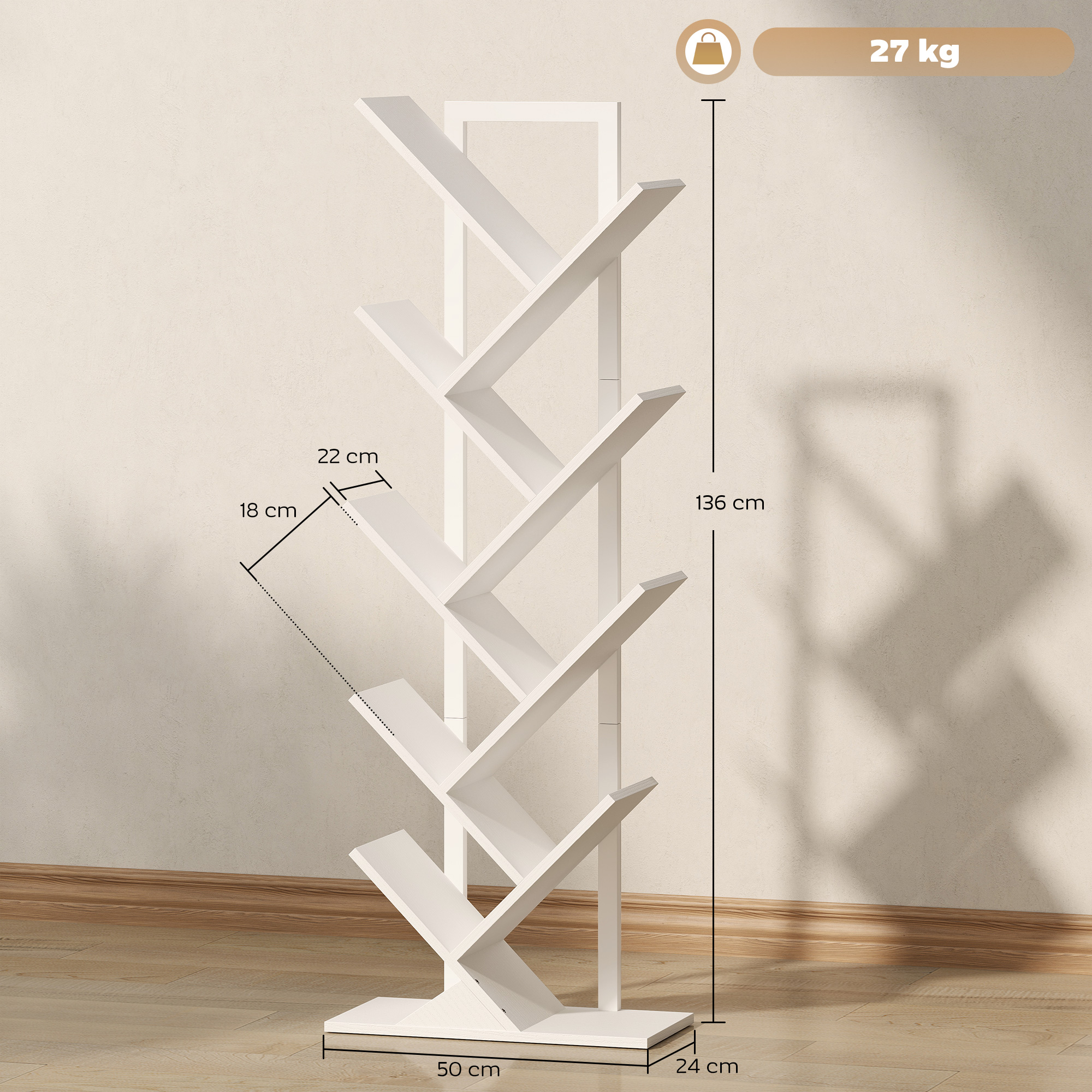 Estantería blanca en forma de árbol con múltiples estantes, 136cm de alto.