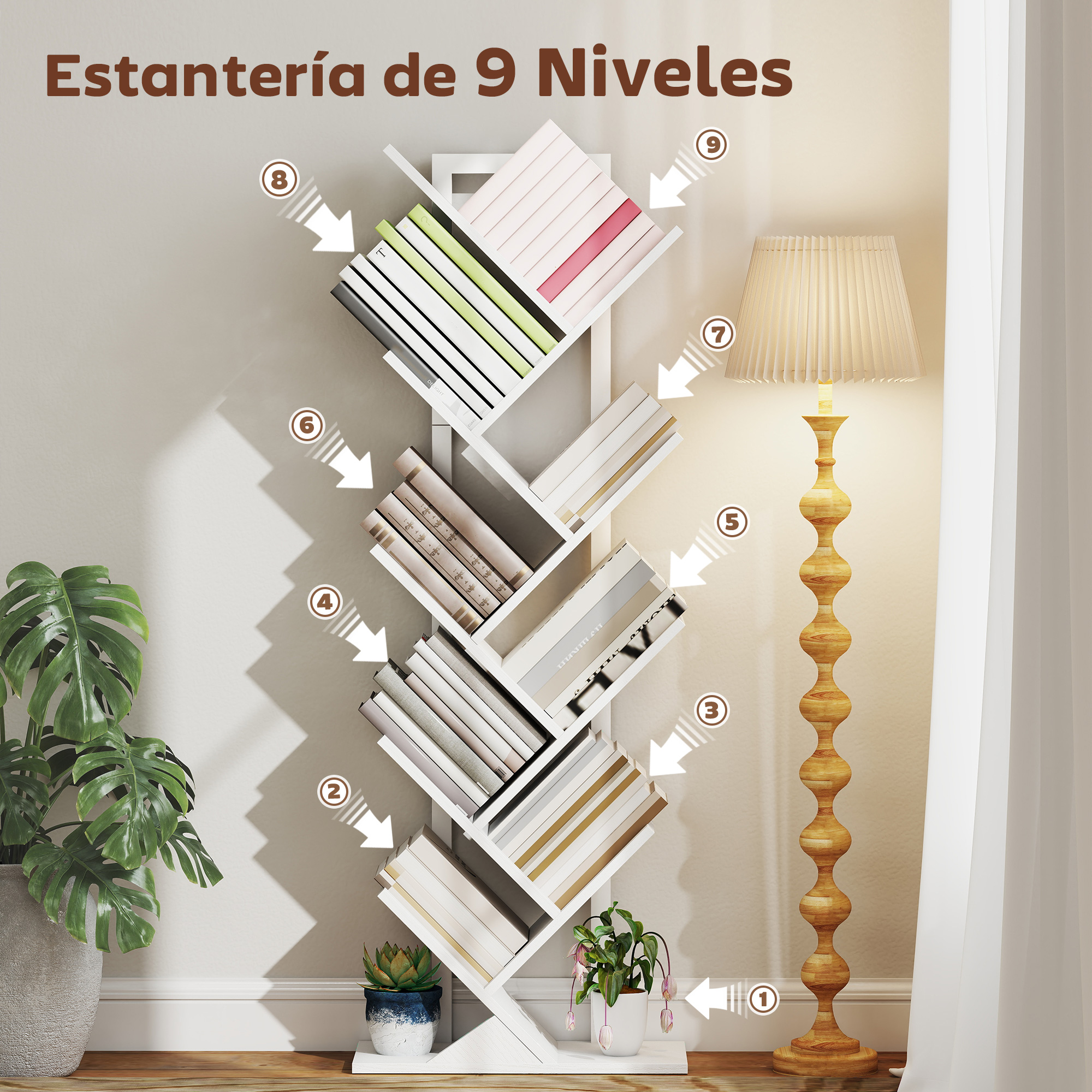 Una estantería blanca de 9 niveles, llena de libros, junto a una lámpara y plantas.