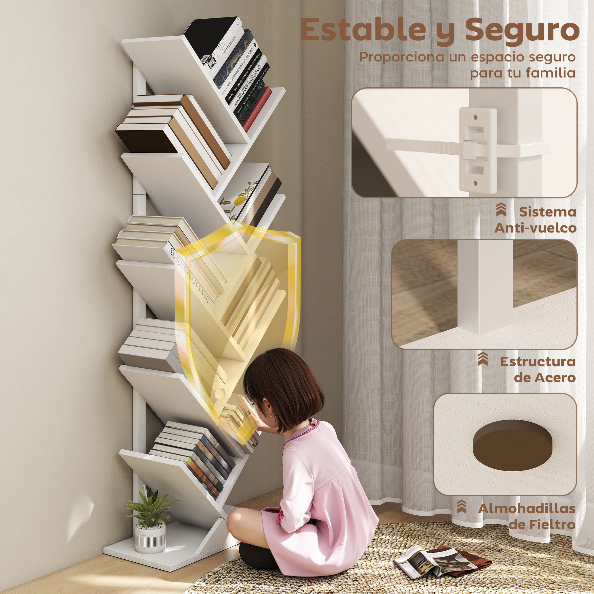 Una niña con vestido rosa se sienta frente a una estantería blanca en forma de árbol con libros.